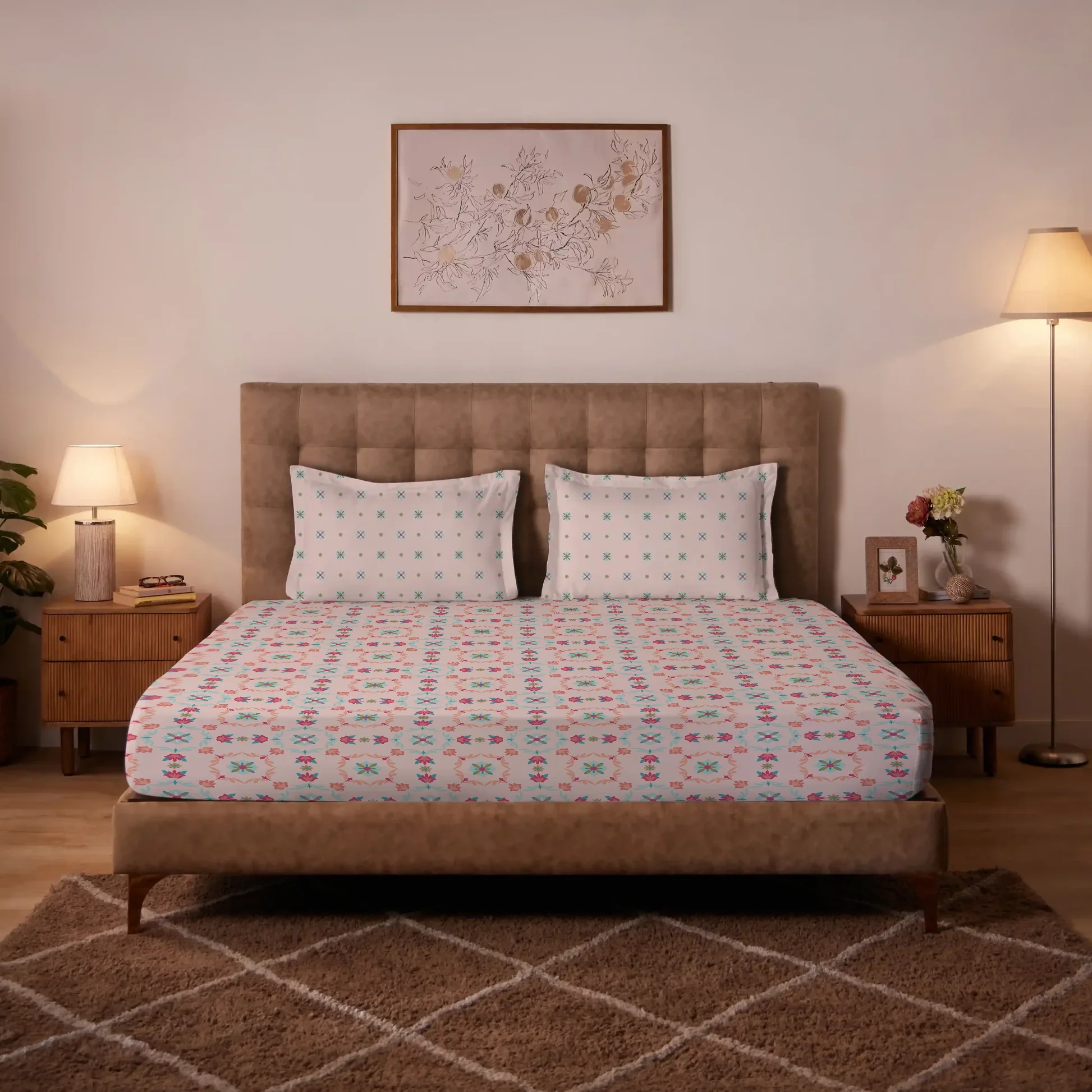 Aangan Weaves | Romantic Floral Printed Cotton Bedsheet Set - Blush Pink - Image 2