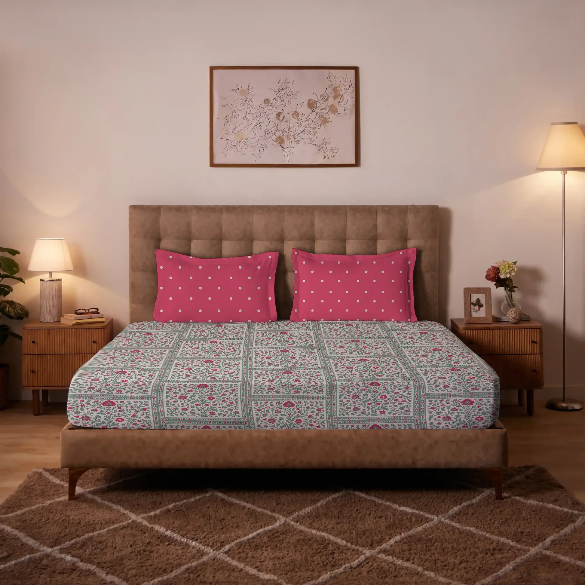 Aangan Weaves | Ethnic Printed Cotton Bedsheet Set - Indian Pink - Image 2