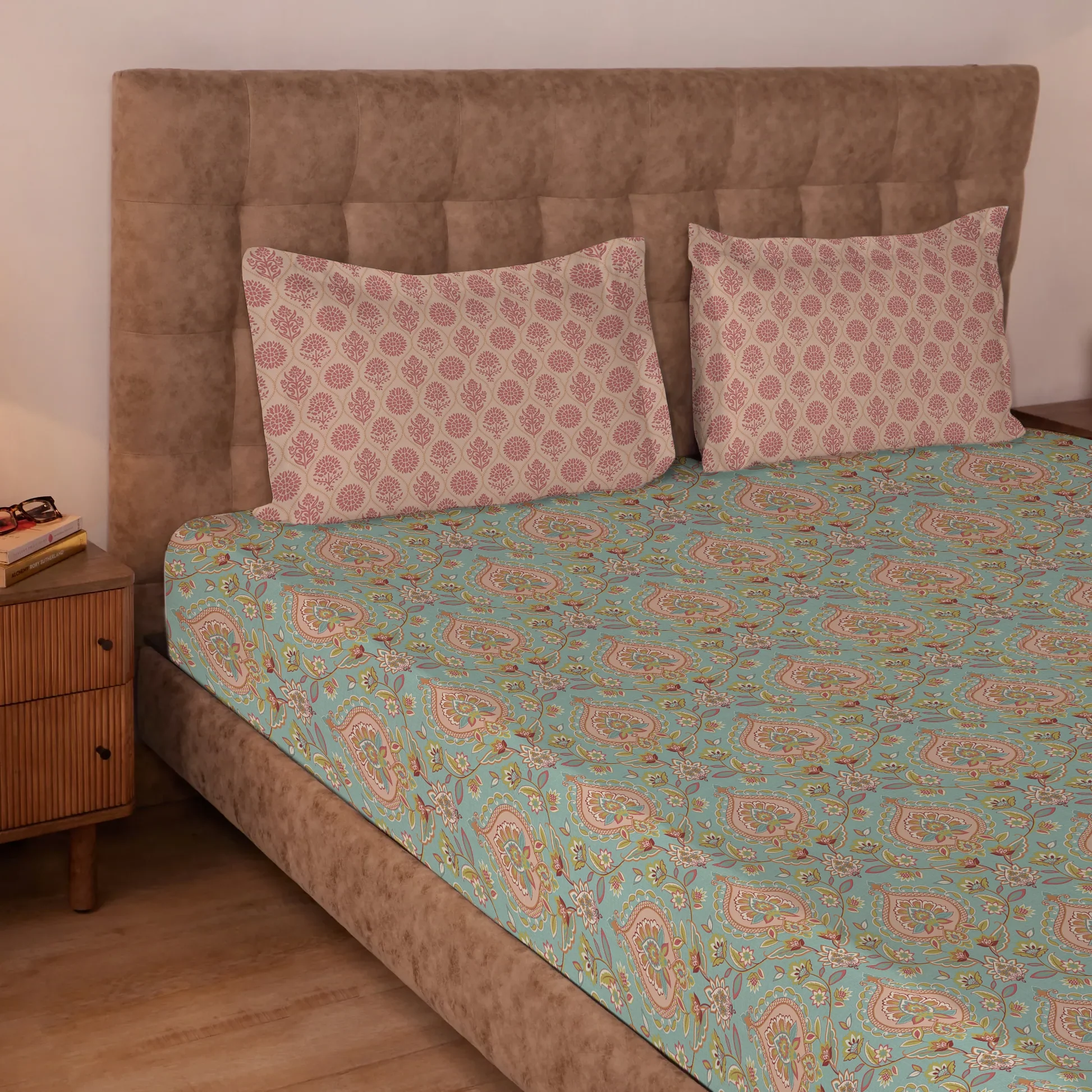 Aangan Weaves | Sage Green Traditional Printed Cotton Bedsheet Set - Sea Glass