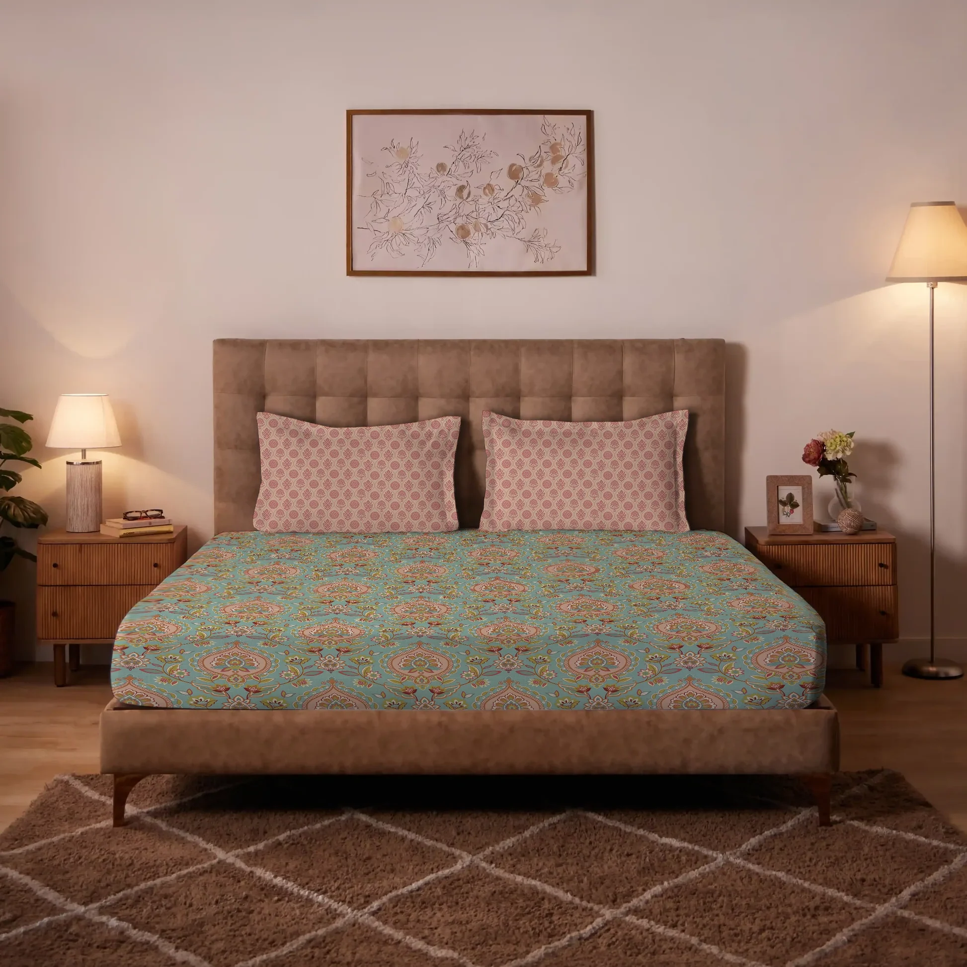 Aangan Weaves | Sage Green Traditional Printed Cotton Bedsheet Set - Sea Glass - Image 2