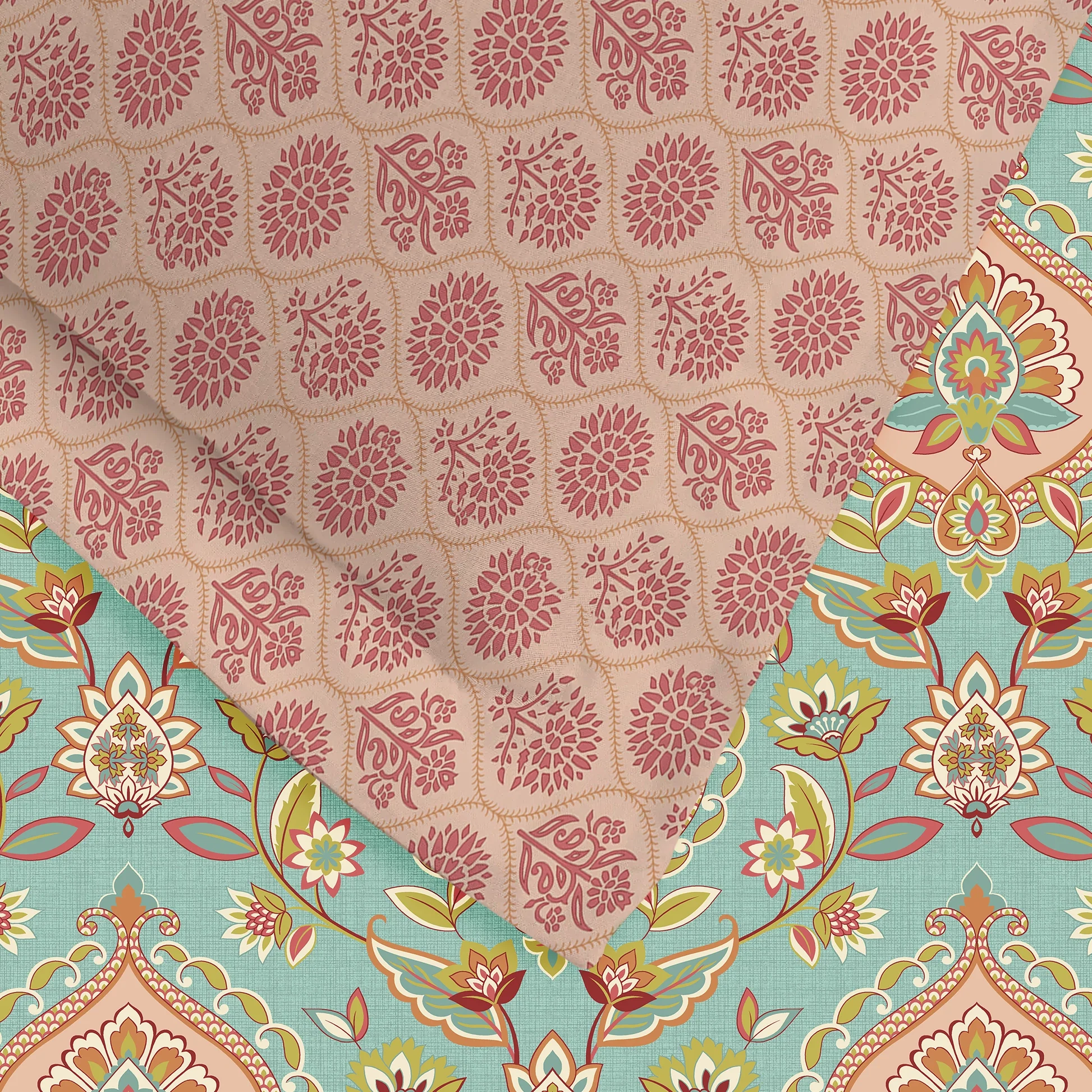 Aangan Weaves | Sage Green Traditional Printed Cotton Bedsheet Set - Sea Glass - Image 5