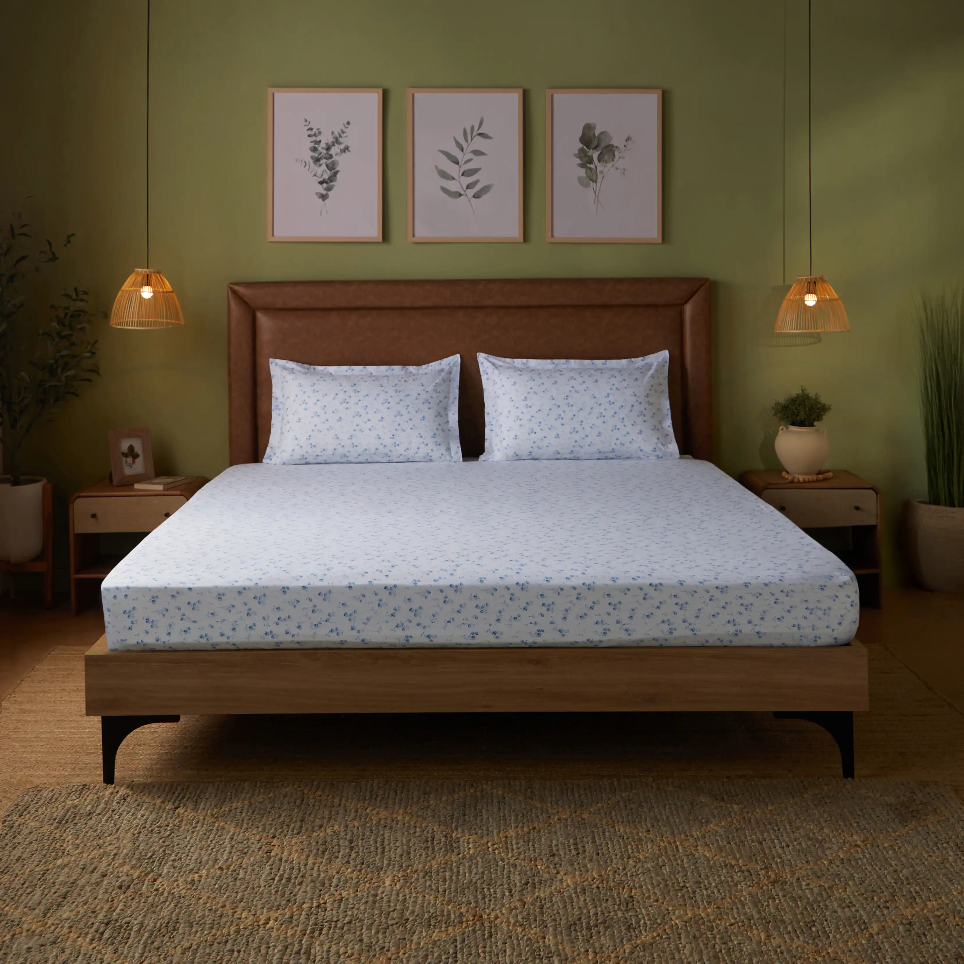 Bloomshire Classic | Everyday Charm Printed Cotton Fitted Sheet Set-Ocean Blue - Image 2