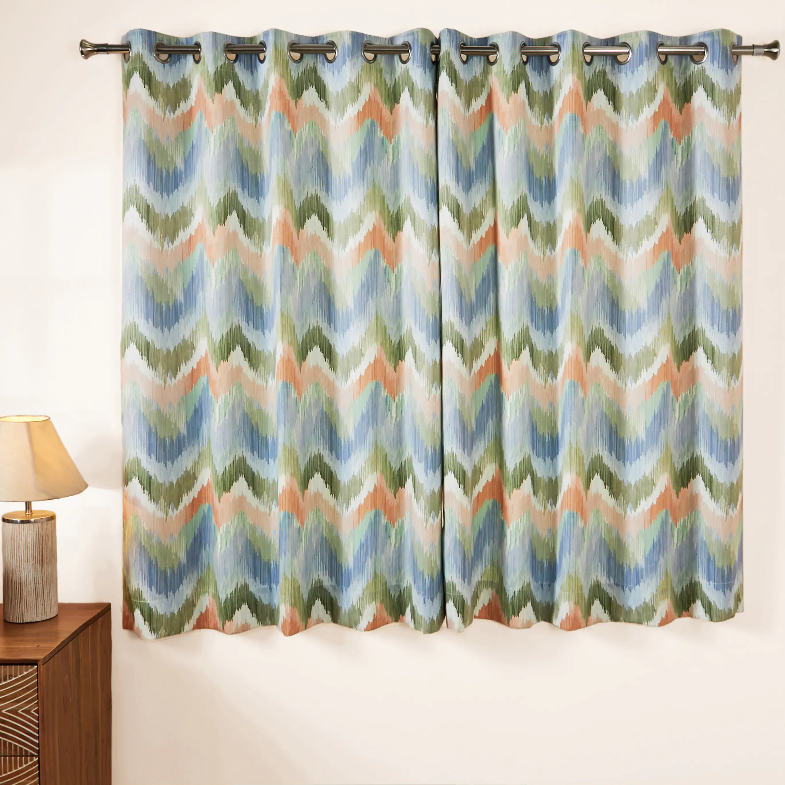 Bloomshire Classic Set Of 2 Printed Readymade Curtains | Modern Ikat - Image 2
