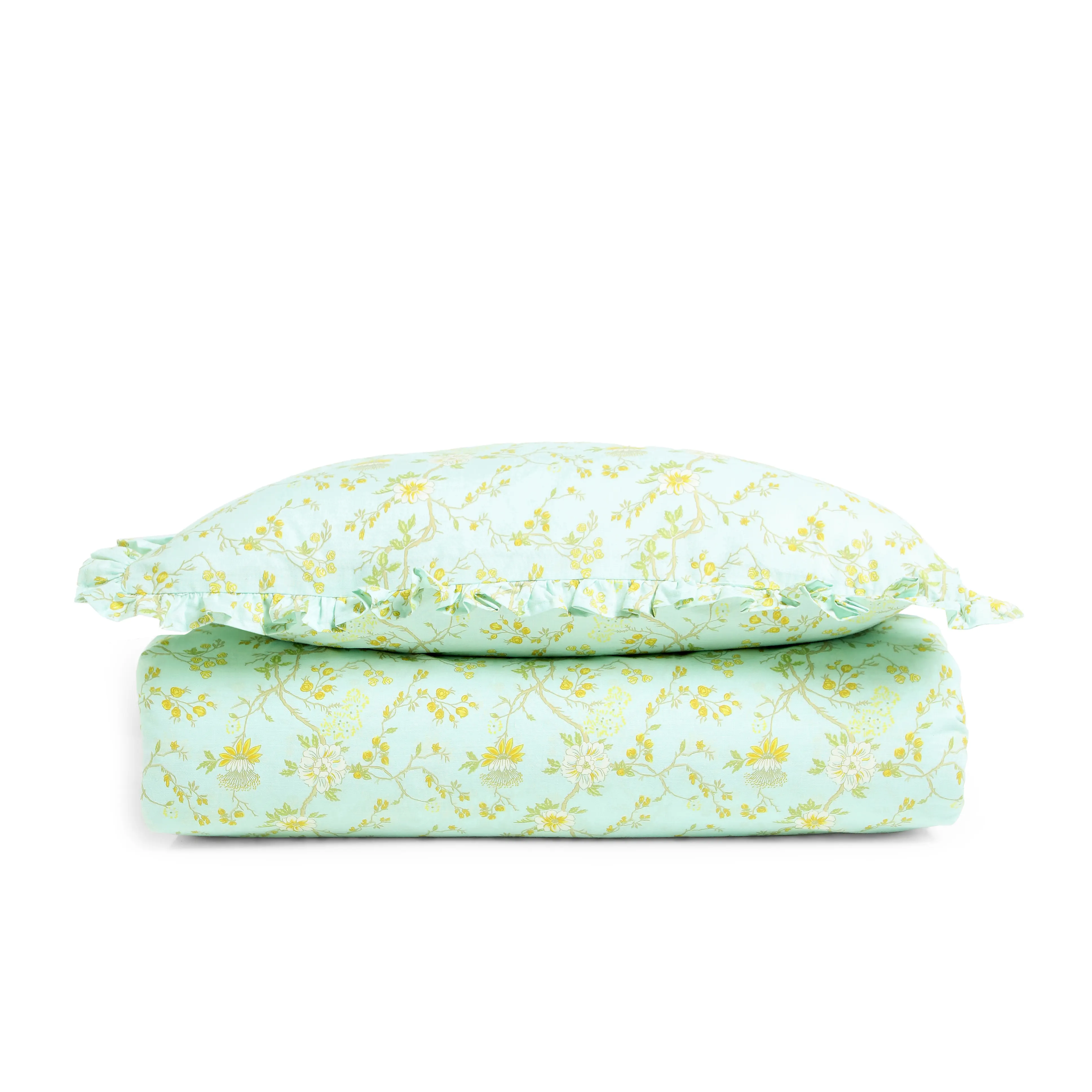 Bloomshire Luxe | Romantic Flora Printed Cotton Bedsheet Set | Pillow Cover with Frills-Light Blue - Image 4