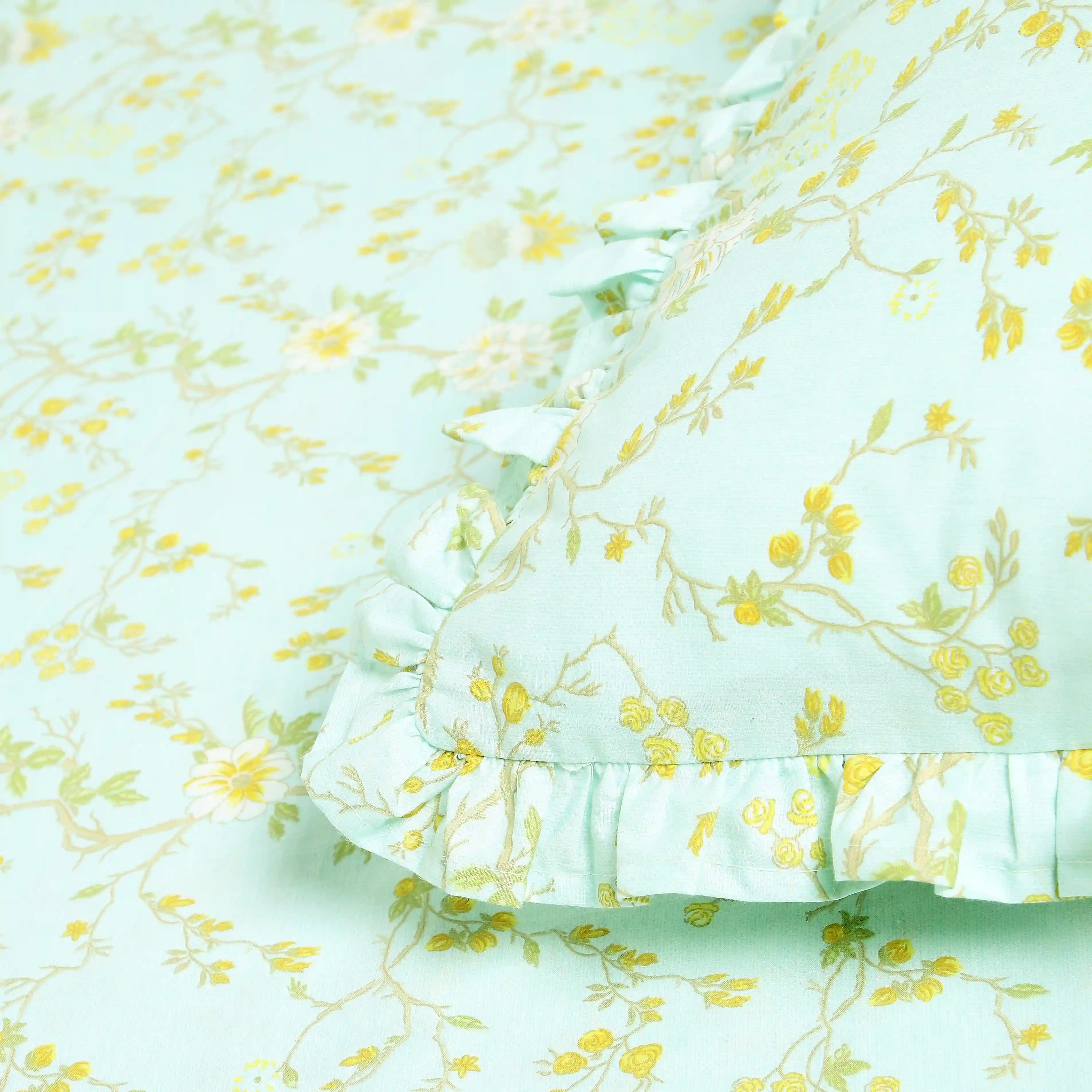 Bloomshire Luxe | Romantic Flora Printed Cotton Bedsheet Set | Pillow Cover with Frills-Light Blue - Image 5
