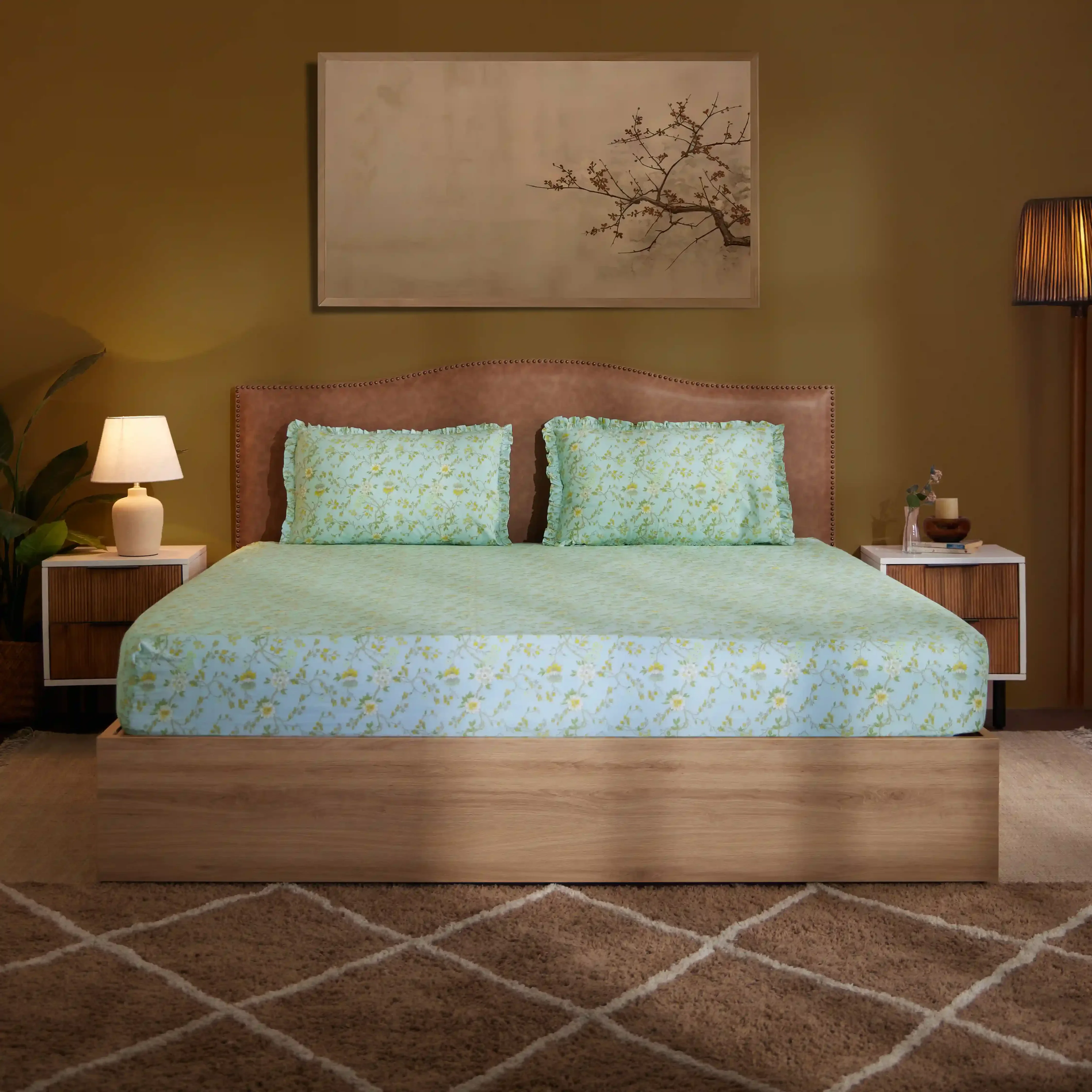 Bloomshire Luxe | Romantic Flora Printed Cotton Bedsheet Set | Pillow Cover with Frills-Light Blue - Image 7
