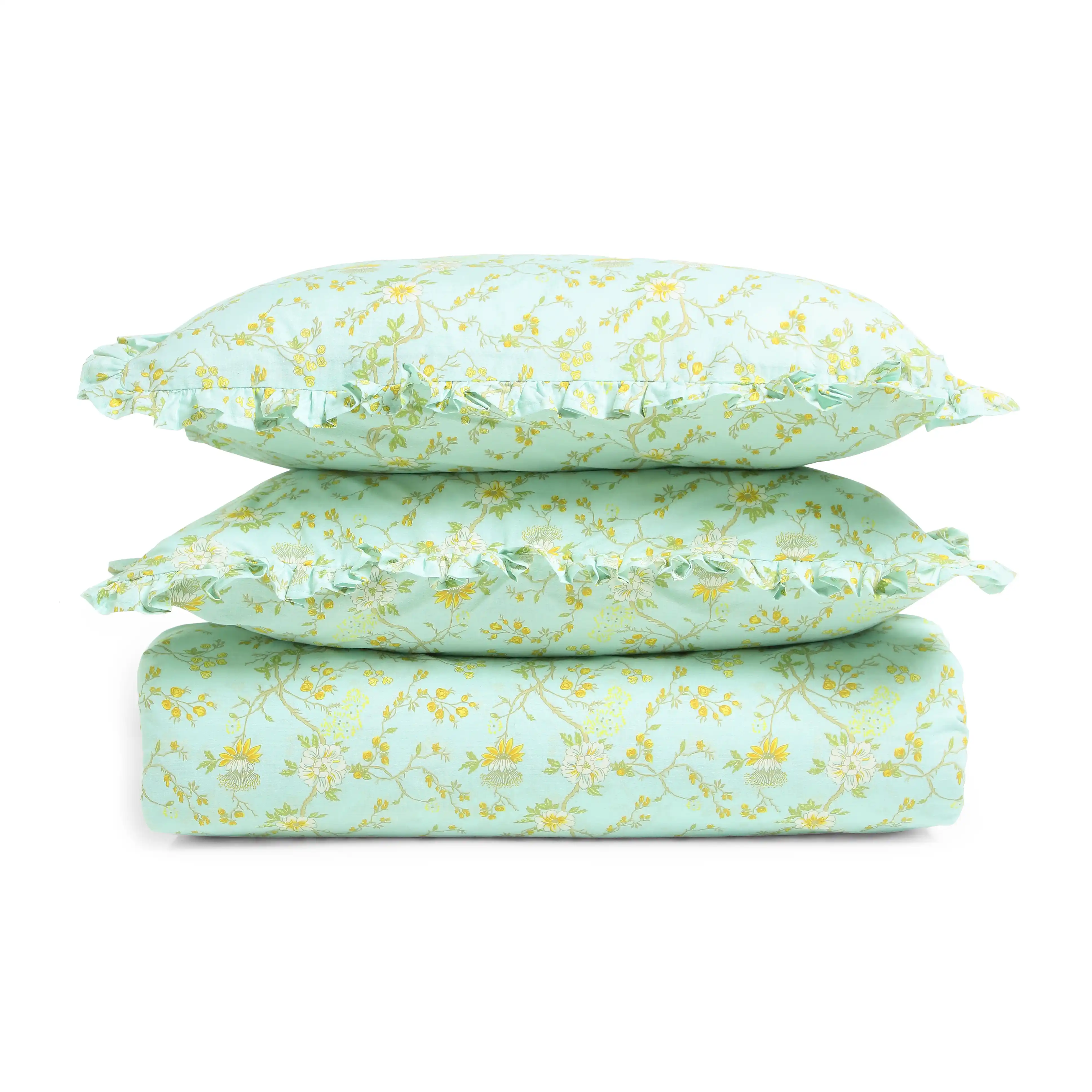 Bloomshire Luxe | Romantic Flora Printed Cotton Bedsheet Set | Pillow Cover with Frills-Light Blue - Image 9