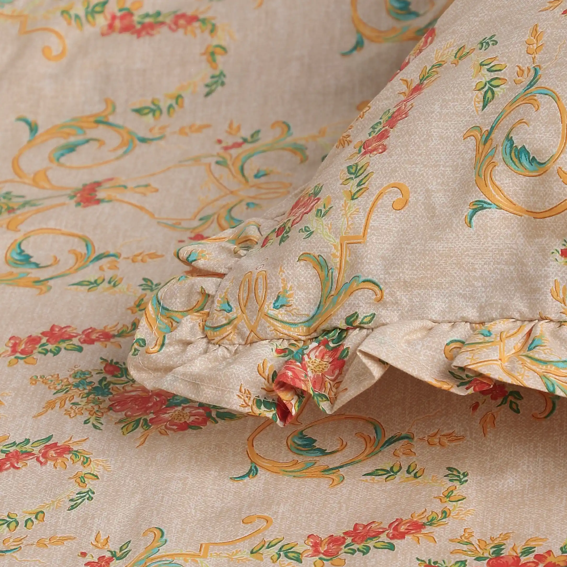 Bloomshire Luxe | Romantic Flora Printed Cotton Bedsheet Set | Pillow Cover with Frills-Multicolour - Image 15