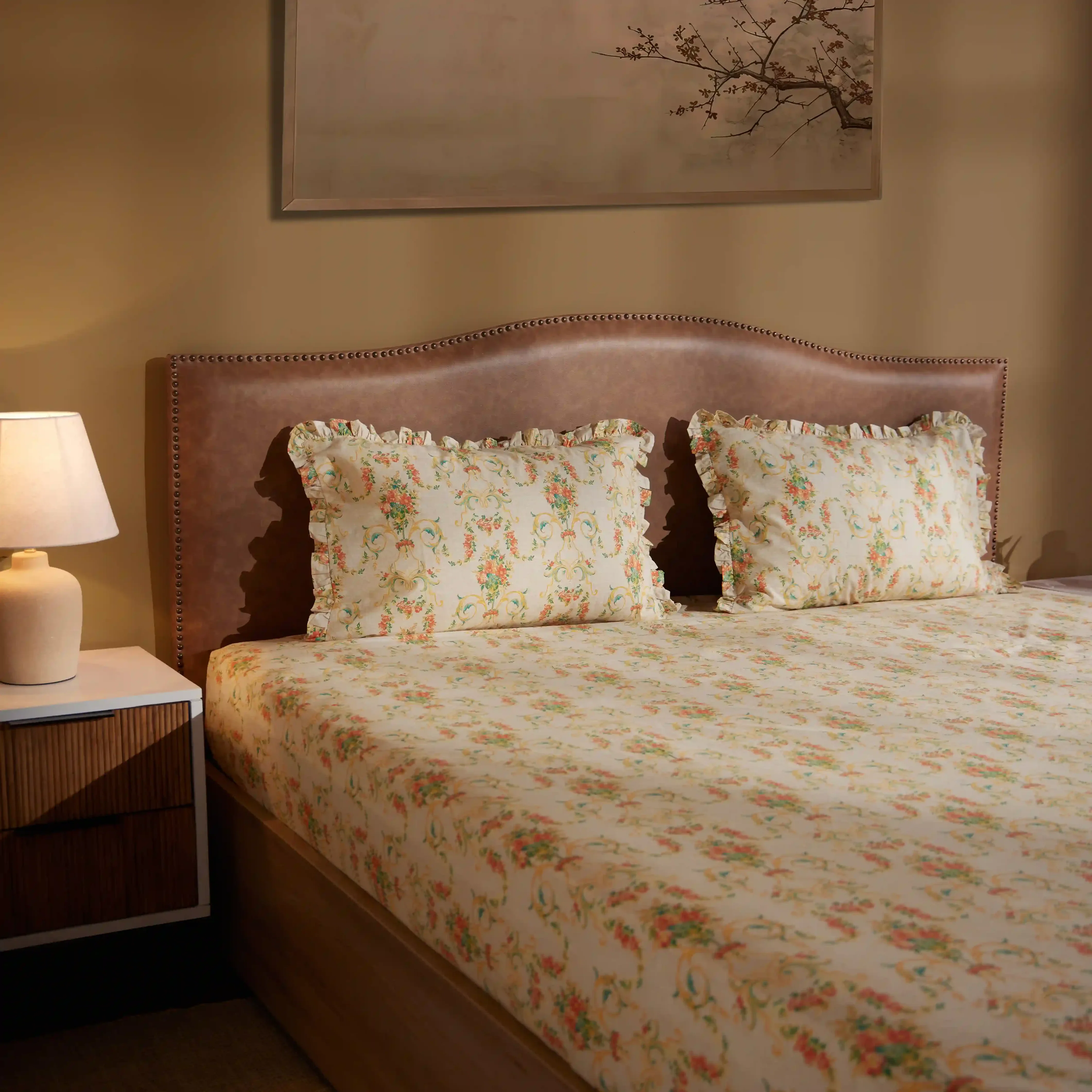 Bloomshire Luxe | Romantic Flora Printed Cotton Bedsheet Set | Pillow Cover with Frills-Multicolour - Image 6