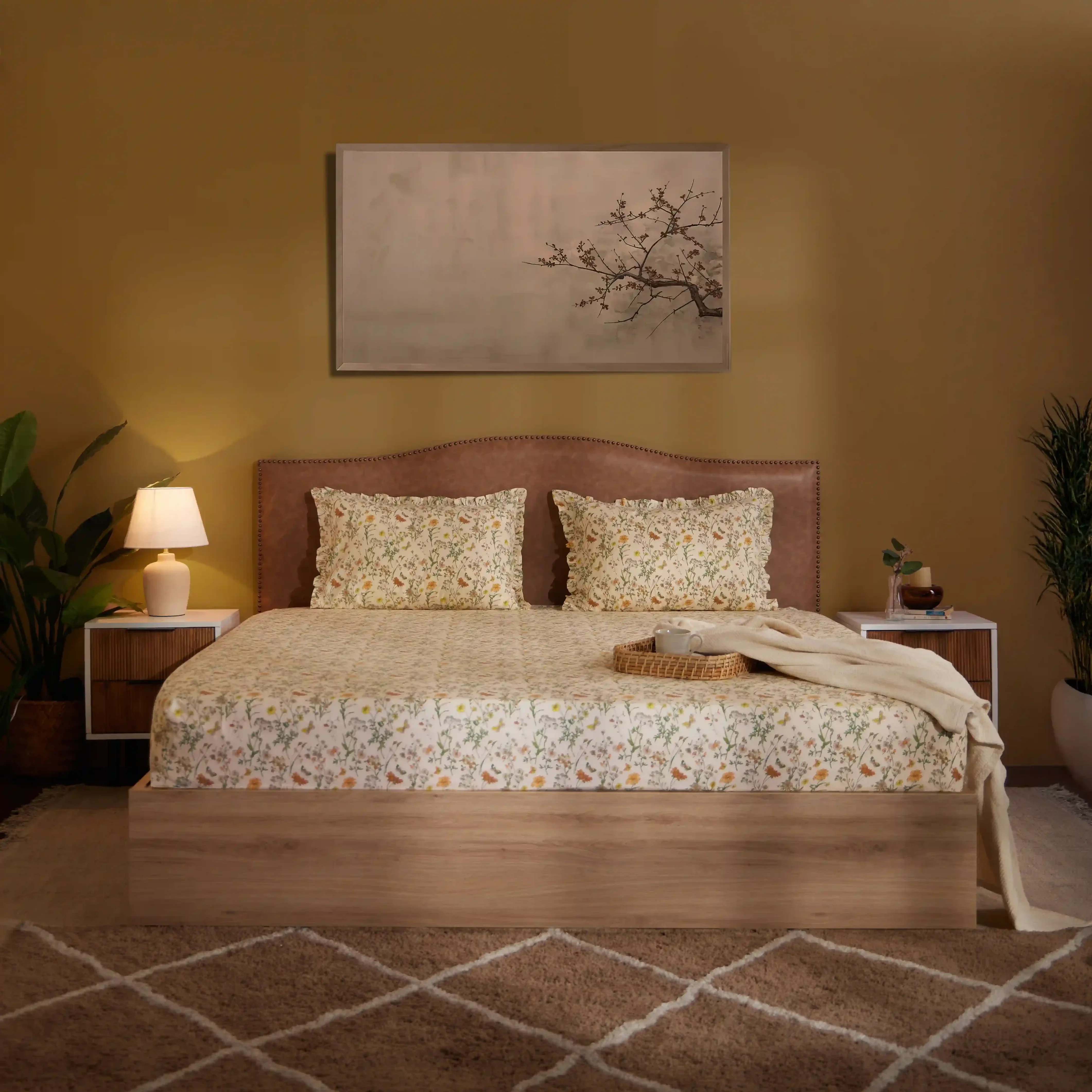 Bloomshire Luxe | Romantic Flora Printed Cotton Bedsheet Set | Pillow Cover with Frills-Mustard - Image 7