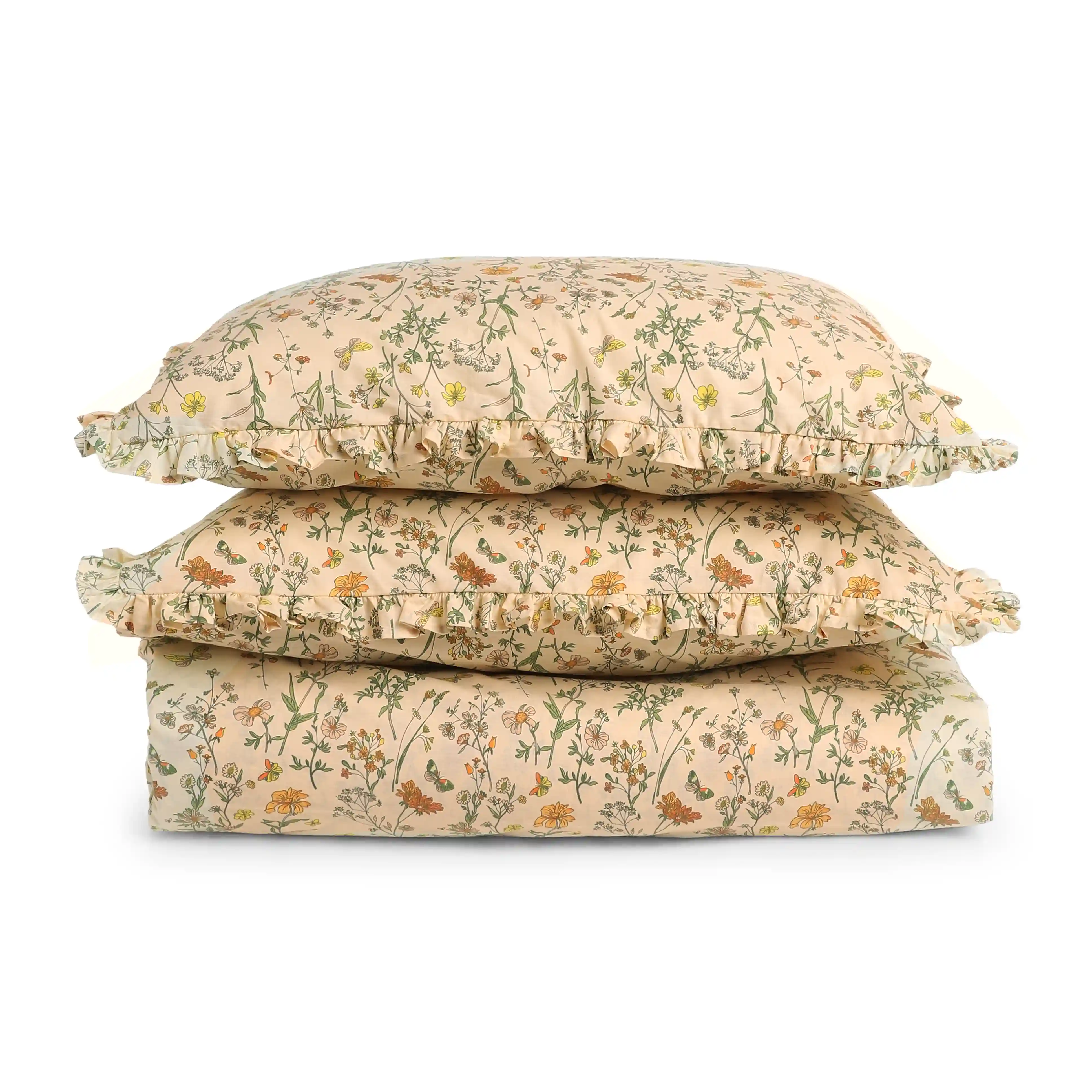 Bloomshire Luxe | Romantic Flora Printed Cotton Bedsheet Set | Pillow Cover with Frills-Mustard - Image 9
