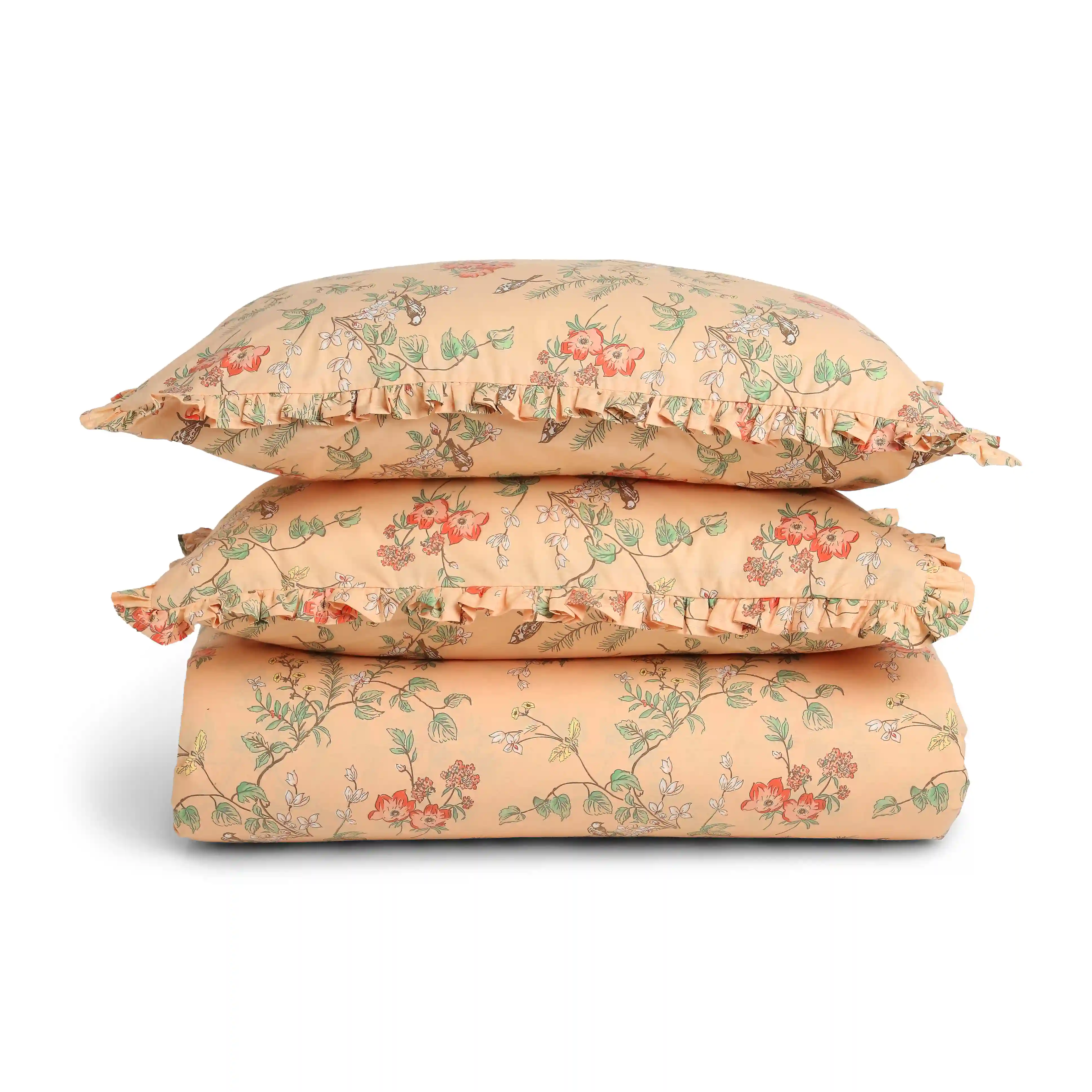 Bloomshire Luxe | Romantic Flora Printed Cotton Bedsheet Set | Pillow Cover with Frills-Peach - Image 14
