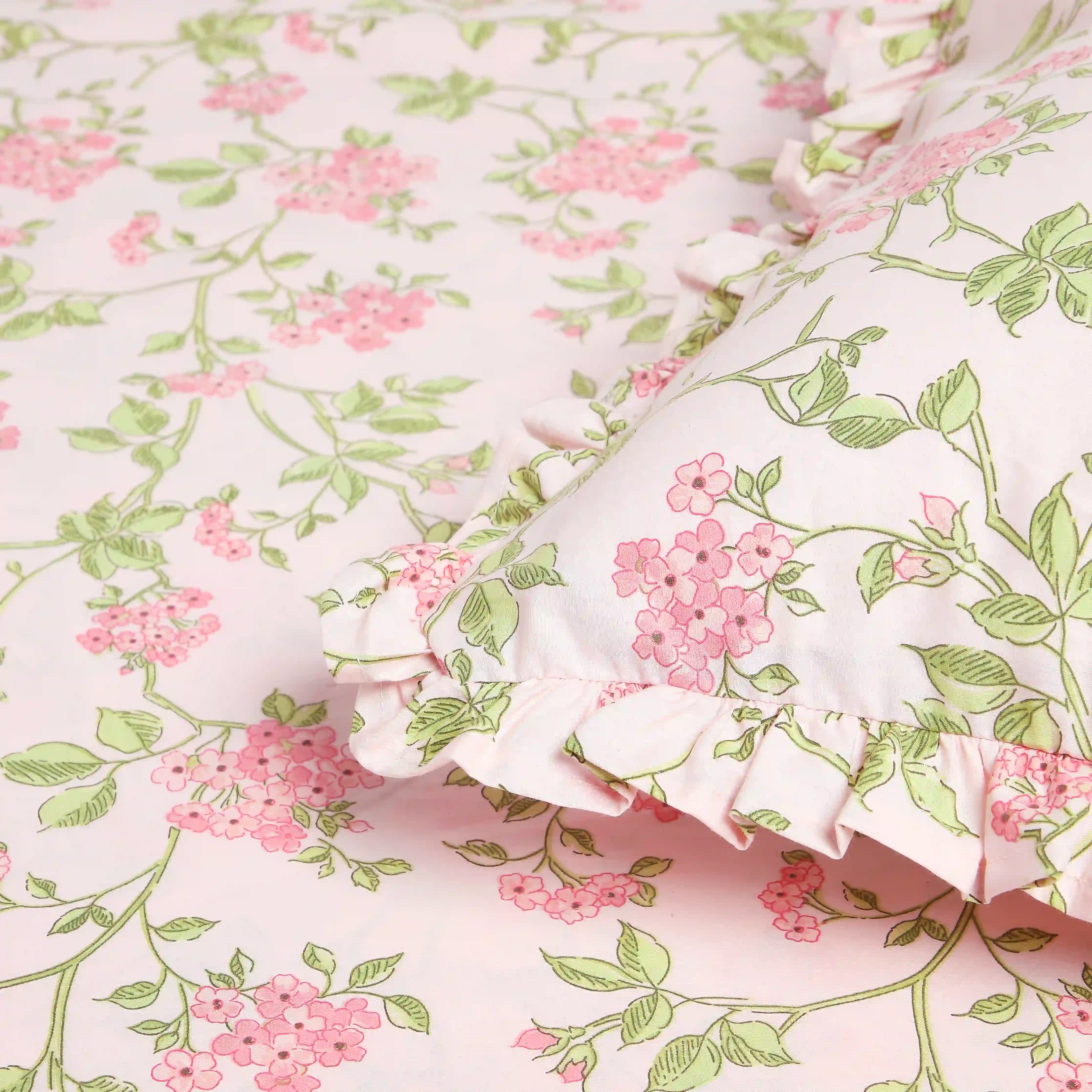 Bloomshire Luxe | Romantic Flora Printed Cotton Bedsheet Set | Pillow Cover with Frills-Pink - Image 10