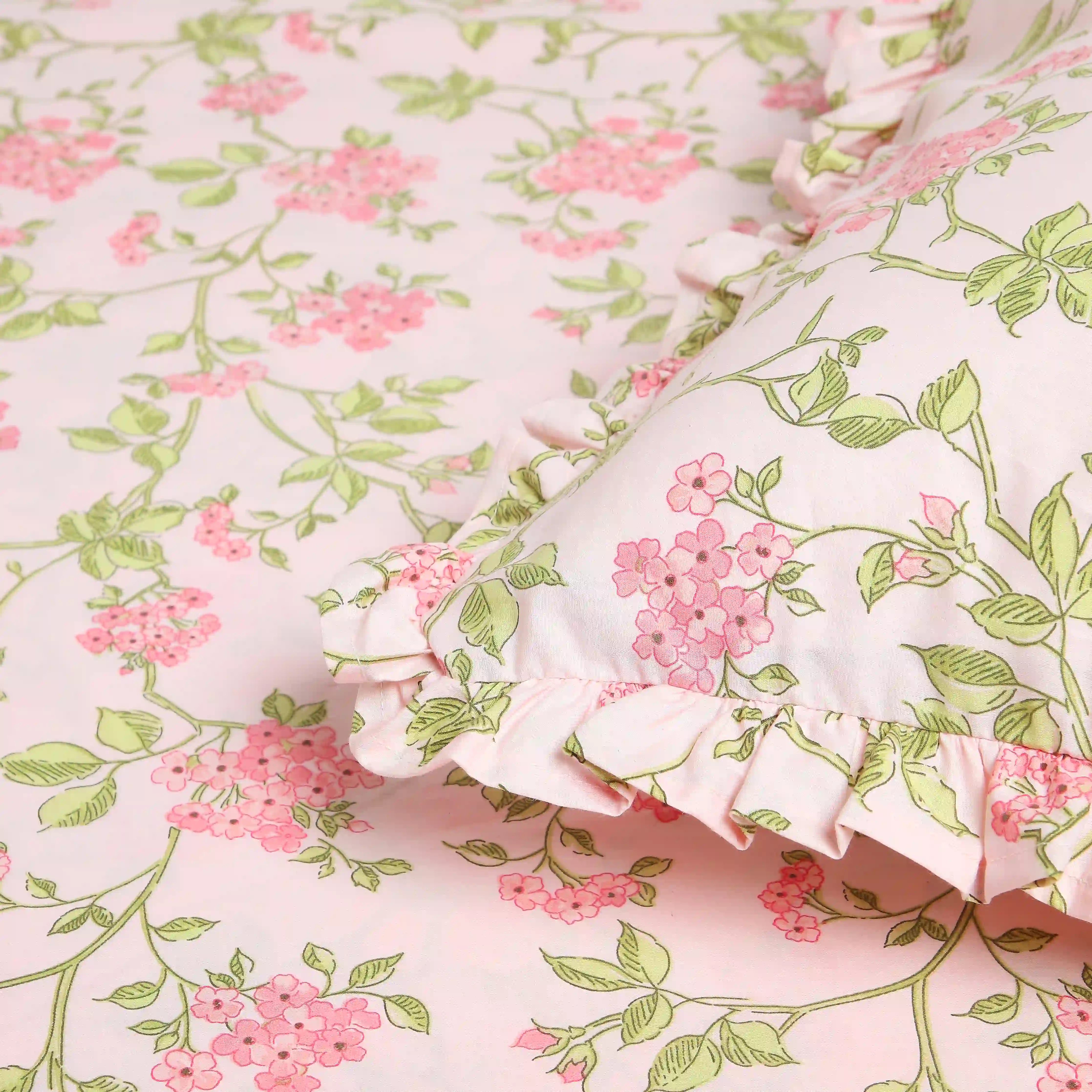 Bloomshire Luxe | Romantic Flora Printed Cotton Bedsheet Set | Pillow Cover with Frills-Pink - Image 5