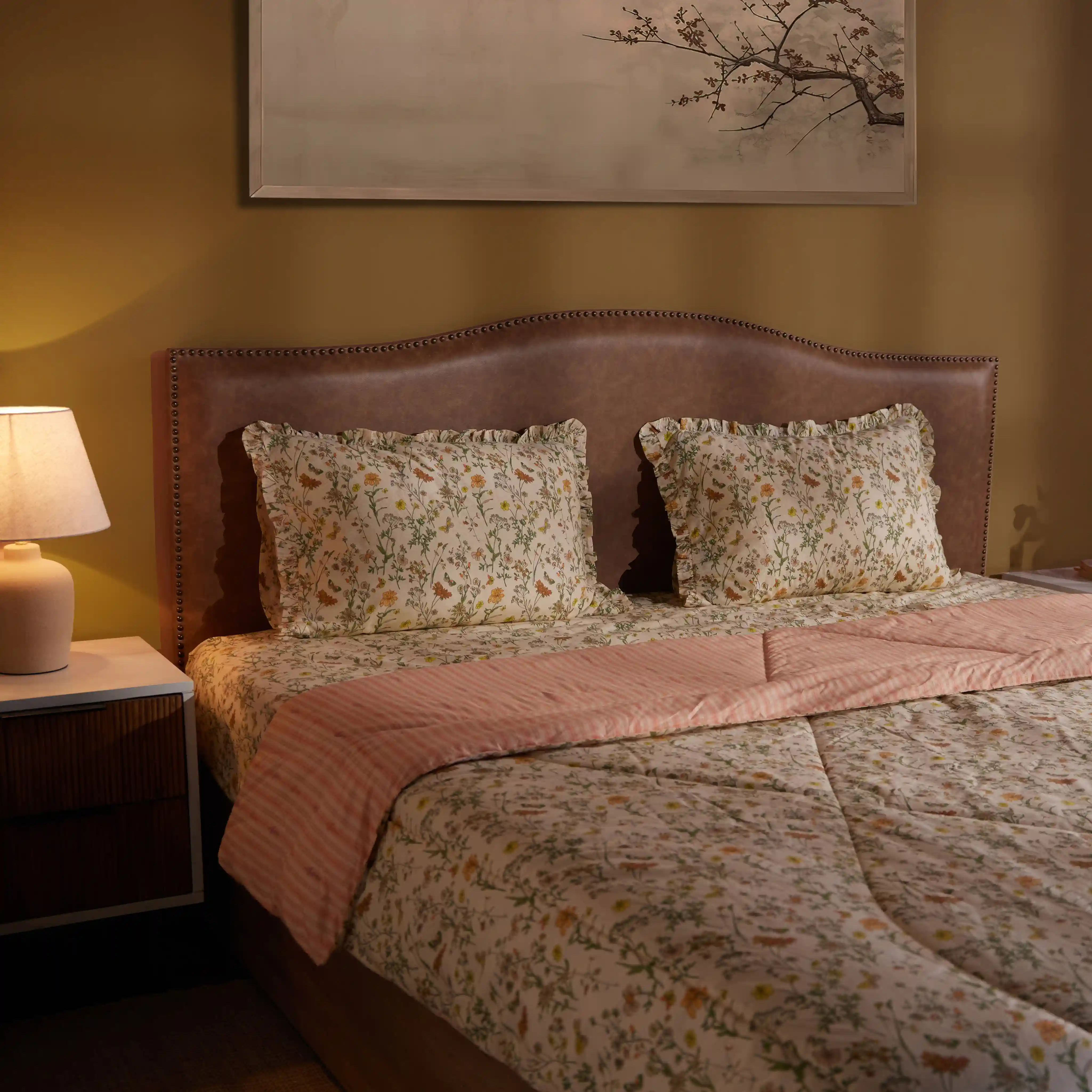 Bloomshire Luxe | Romantic Flora Printed 120GSM Reversible Comforter-Mustard