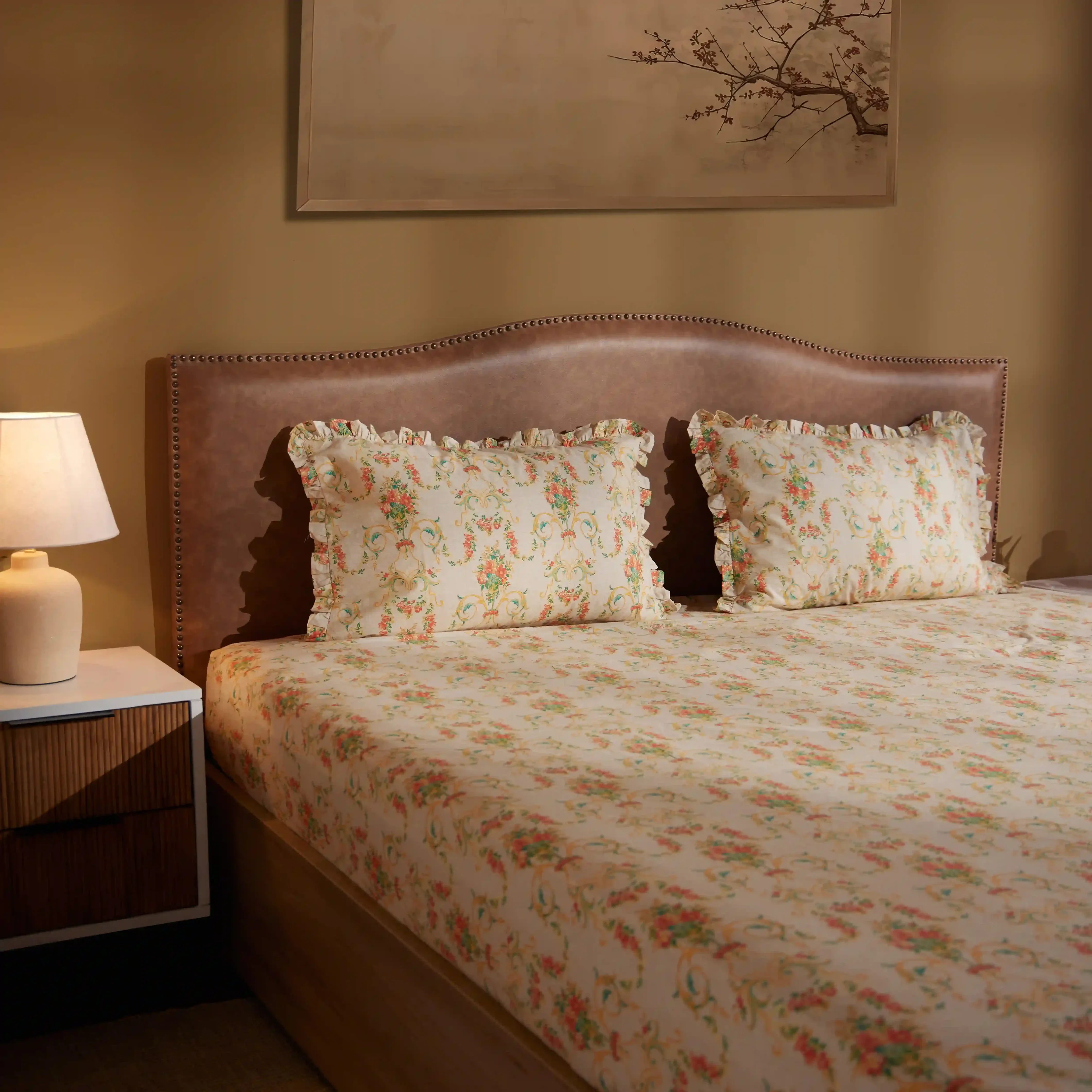 Bloomshire Luxe | Romantic Flora Printed Cotton Fitted Sheet Set | Pillow Cover with Frills-Multicolour