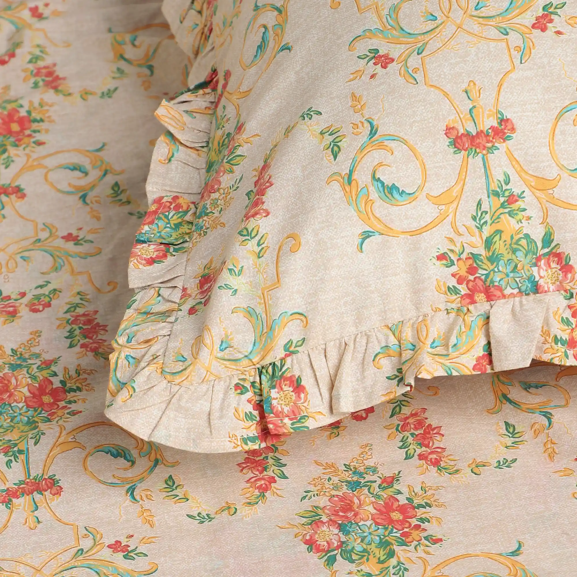 Bloomshire Luxe | Romantic Flora Printed Cotton Fitted Sheet Set | Pillow Cover with Frills-Multicolour - Image 6