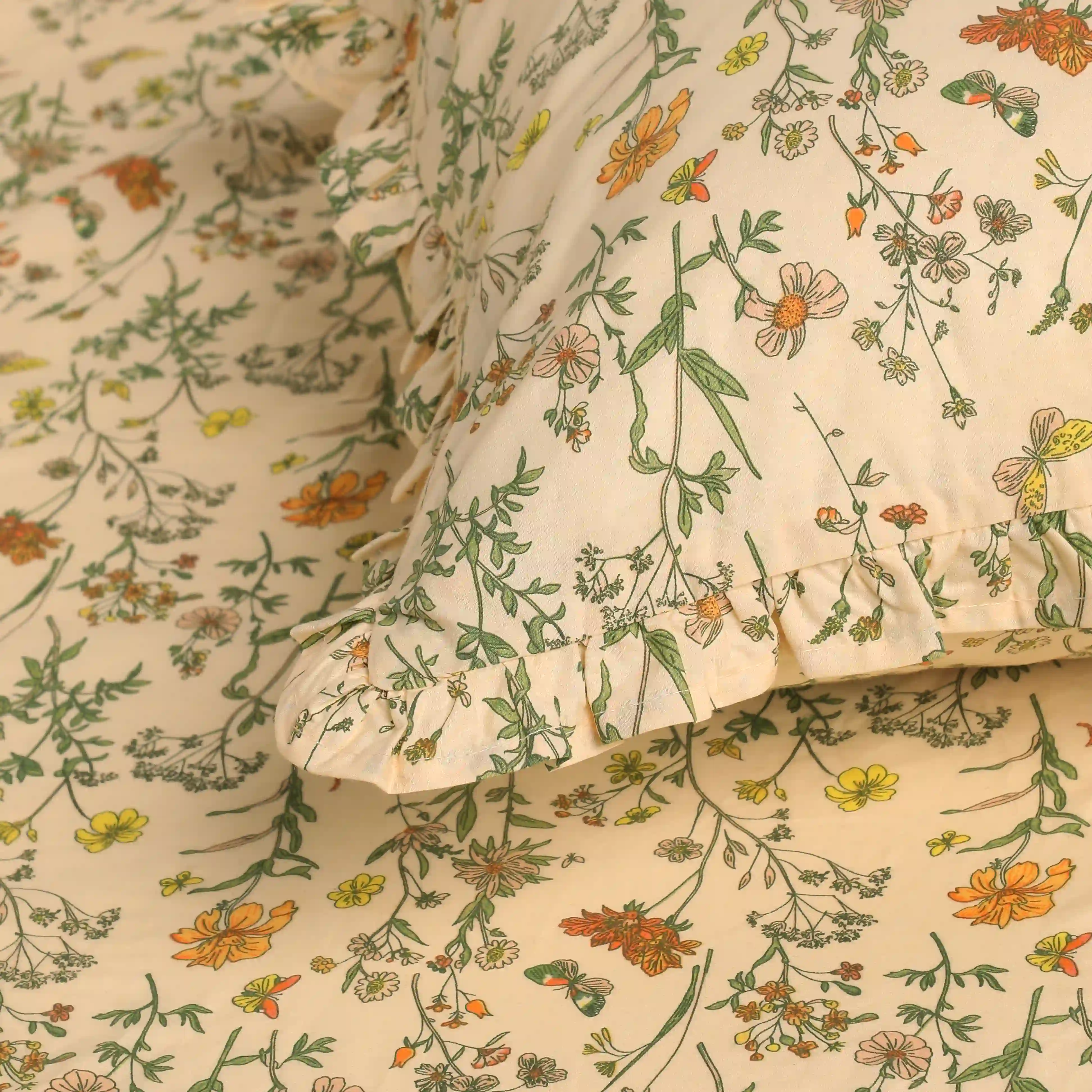 Bloomshire Luxe | Romantic Flora Printed Cotton Fitted Sheet Set | Pillow Cover with Frills-Mustard - Image 6