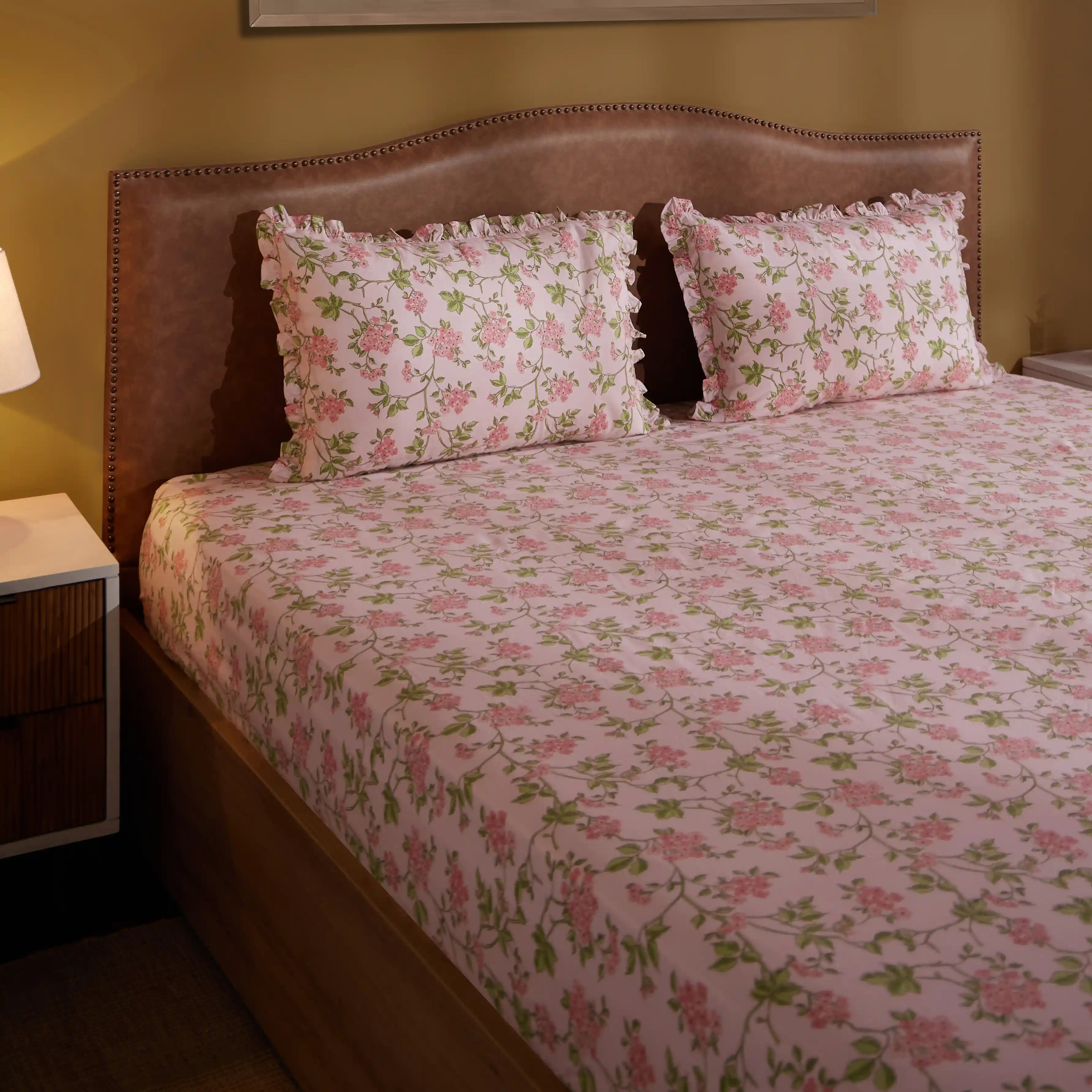 Bloomshire Luxe | Romantic Flora Printed Cotton Fitted Sheet Set | Pillow Cover with Frills-Pink