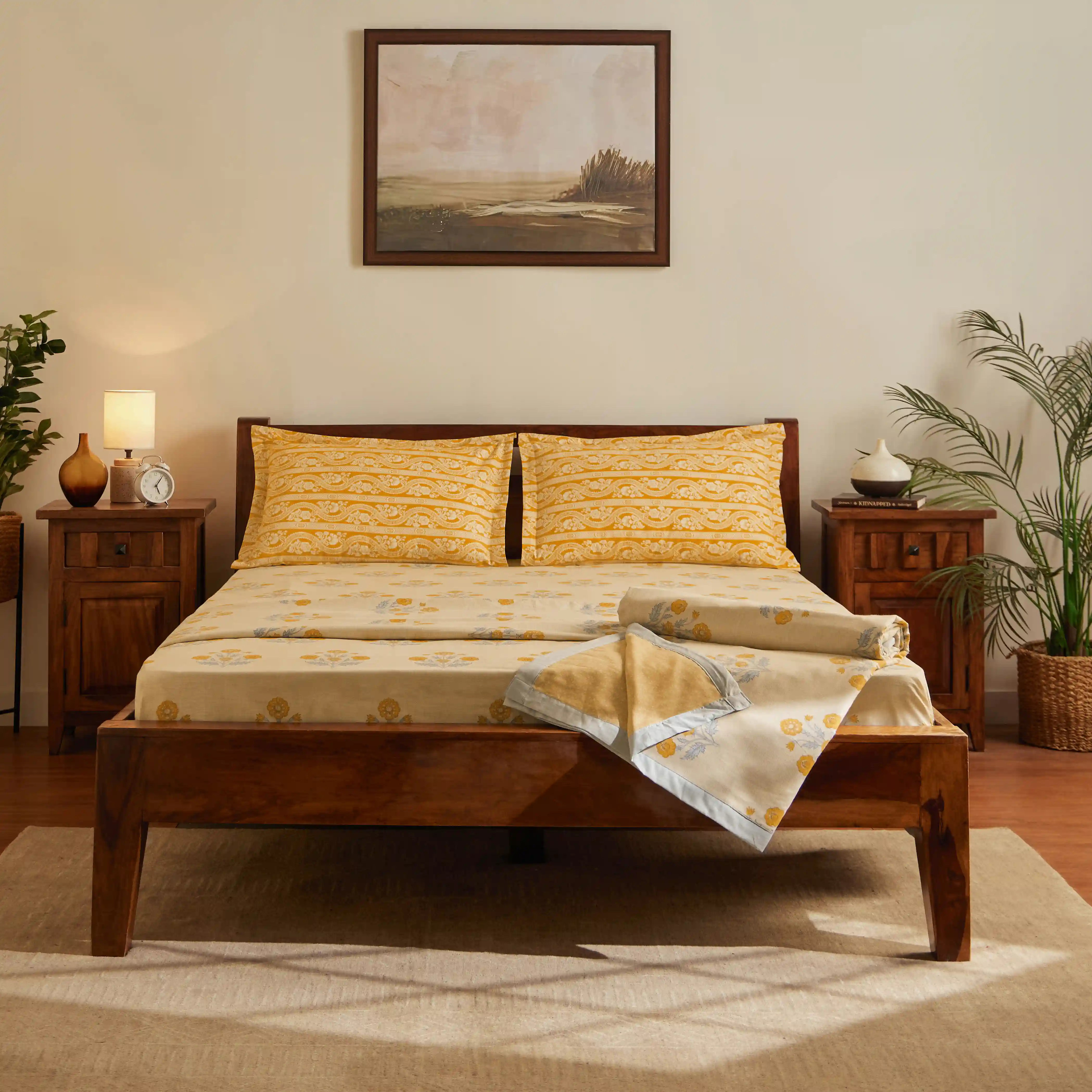 Chippa Lane | Contemporary Indian Print Design Coordinated Bedding Set | Set of Bedsheet & Dohars-Ochre - Image 2