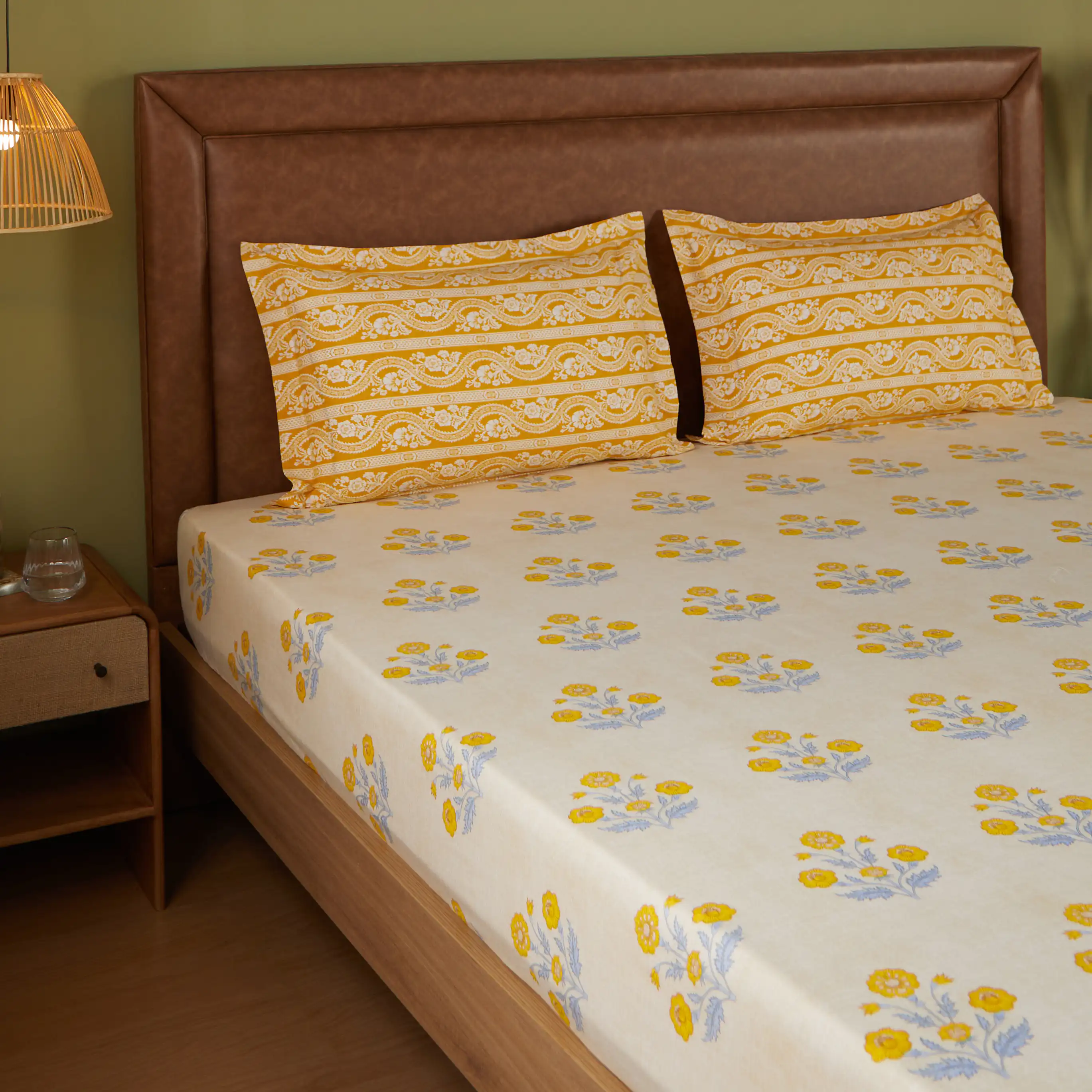 Chippa Lane | Contemporary Indian Print Design Cotton Bedsheet Set-Ochre - Image 6