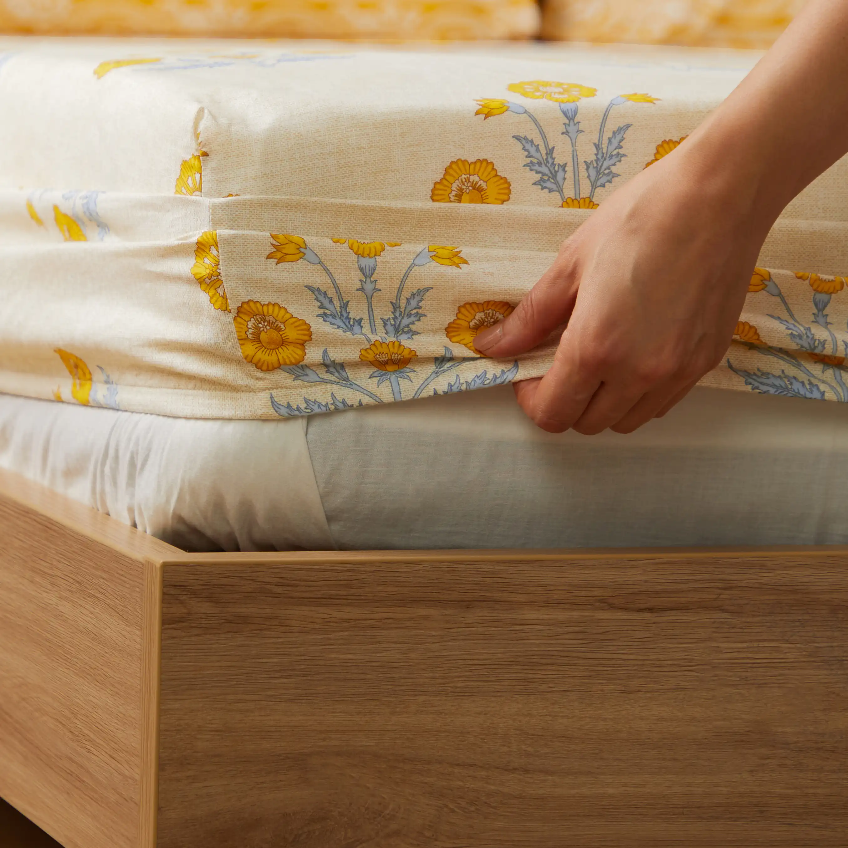 Chippa Lane | Contemporary Indian Print Design Cotton Fitted Sheet Set-Ochre - Image 4