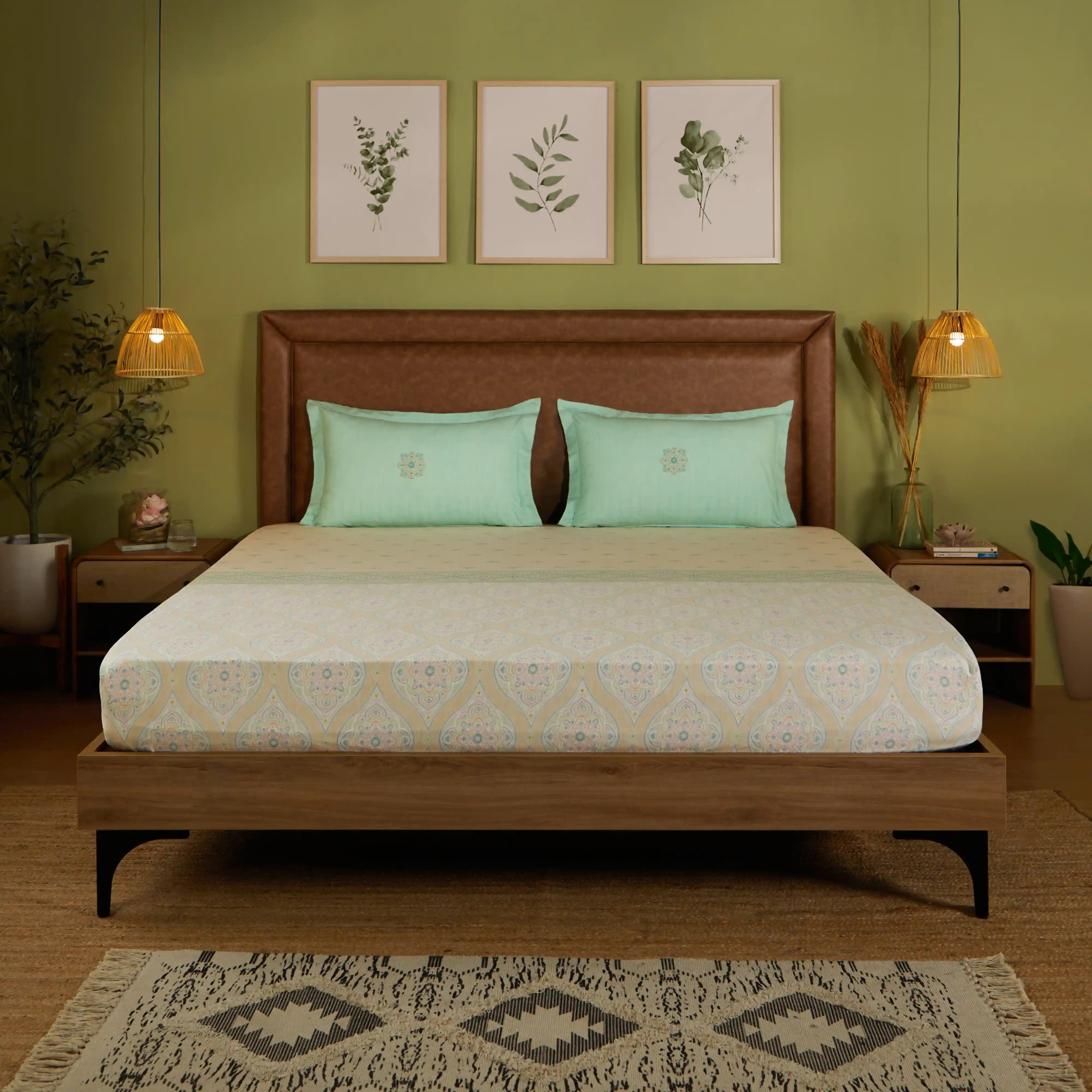 Chippa Lane | Contemporary Indian Print Design Cotton Fitted Sheet Set-Sage - Image 2