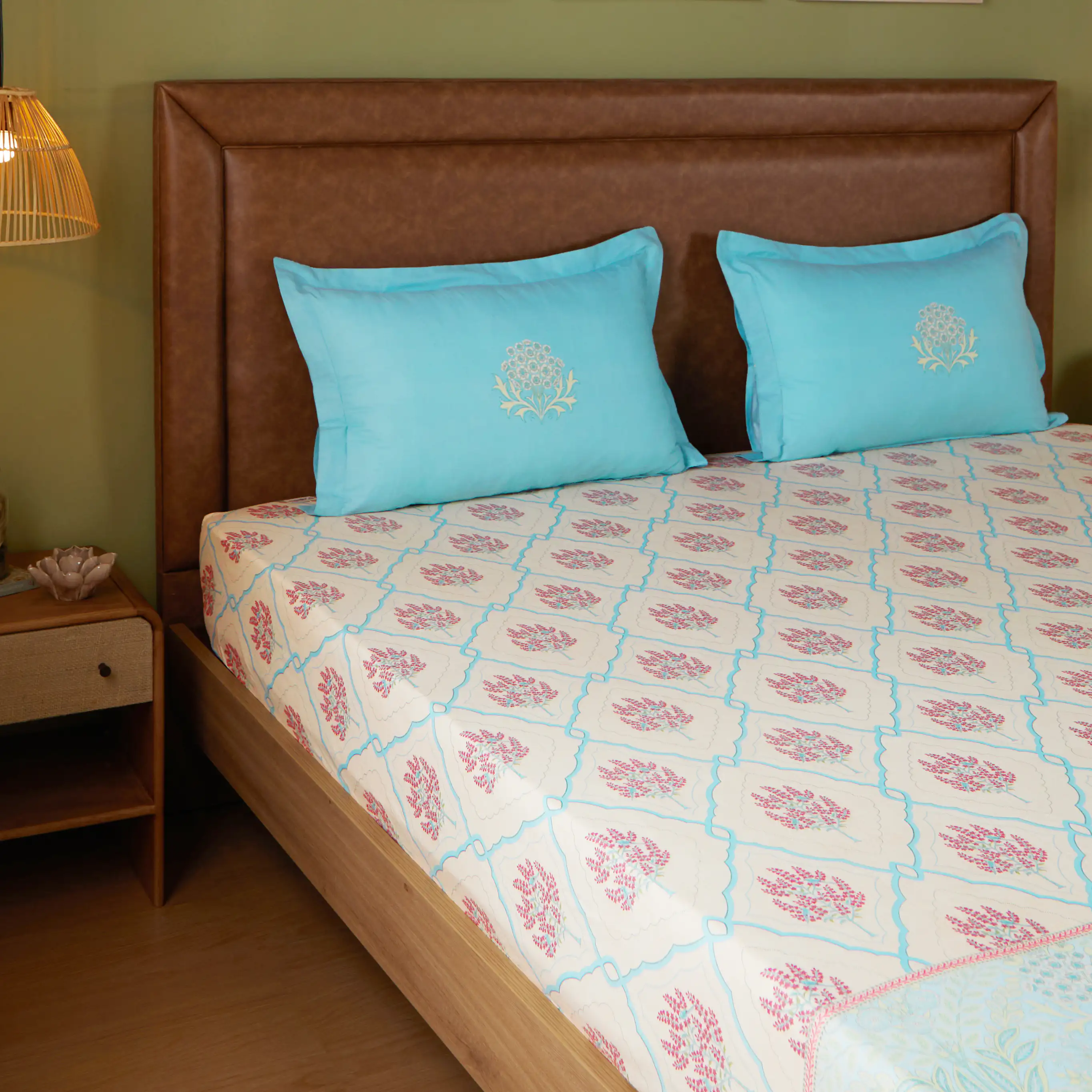 Chippa Lane | Contemporary Indian Print Design Cotton Fitted Sheet Set-Sage Bloom