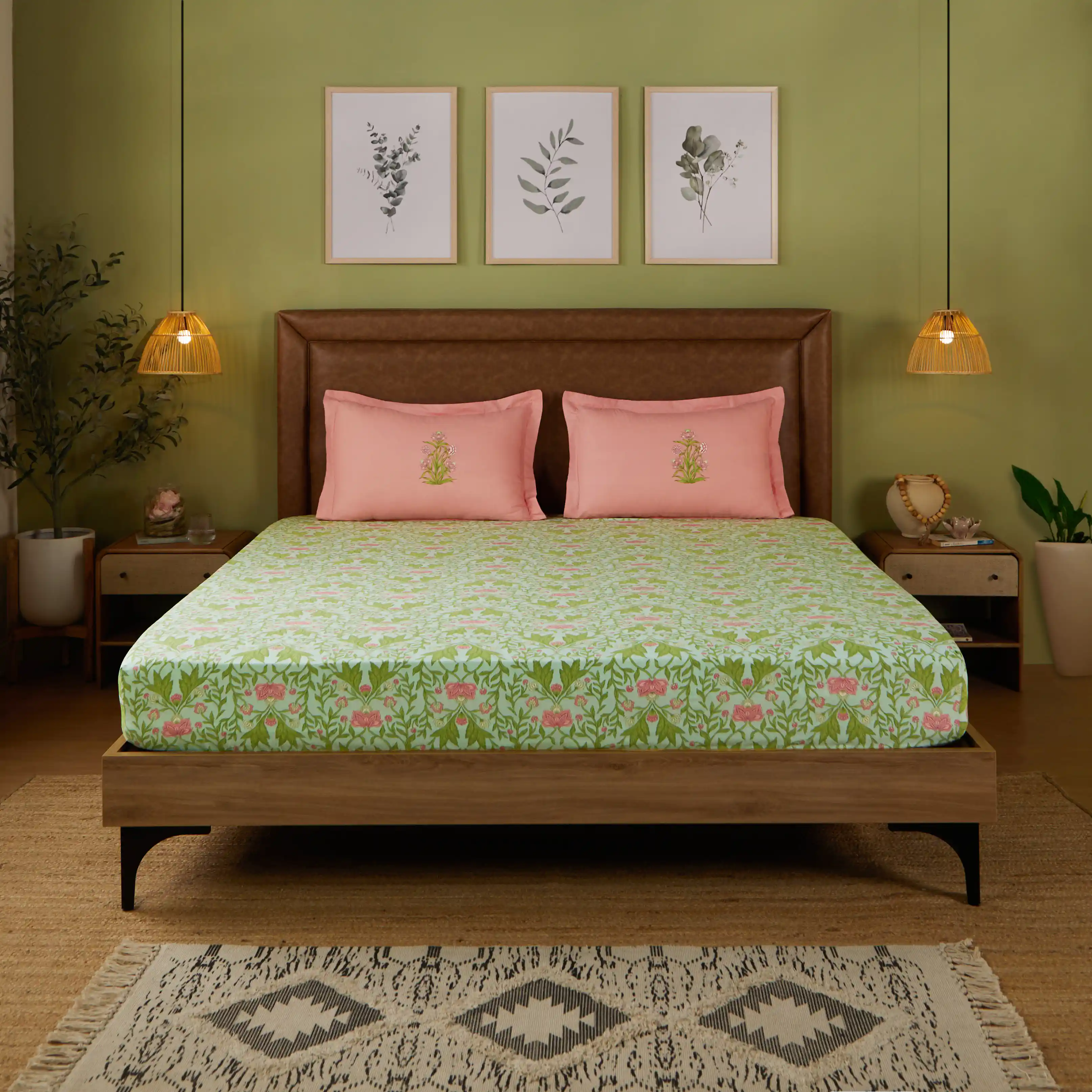 Chippa Lane | Contemporary Indian Print Design Cotton Fitted Sheet Set-Sage Mint - Image 9