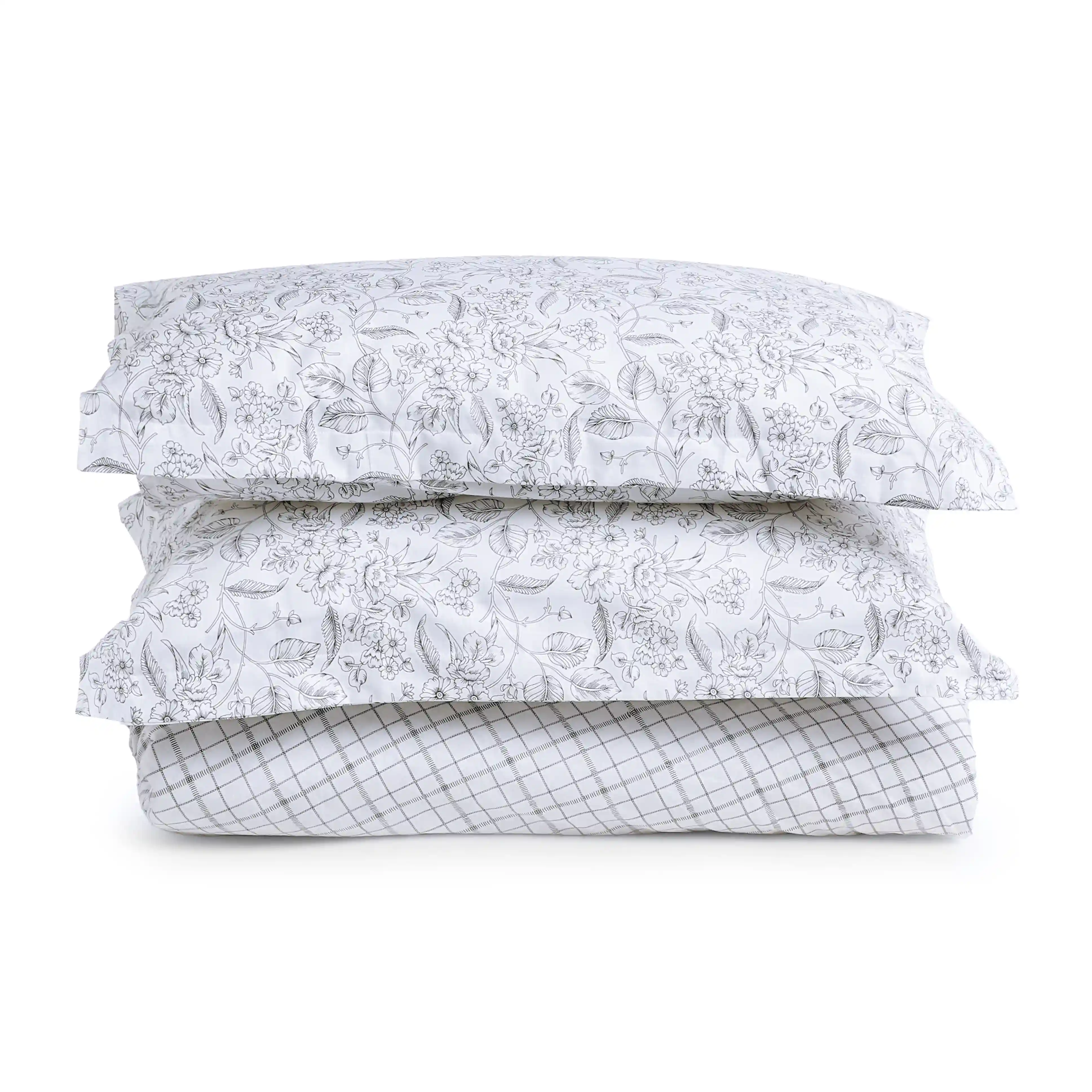 Mishella | Mix & Match Printed Cotton Bedsheet Set - Charcoal Checks - Image 14