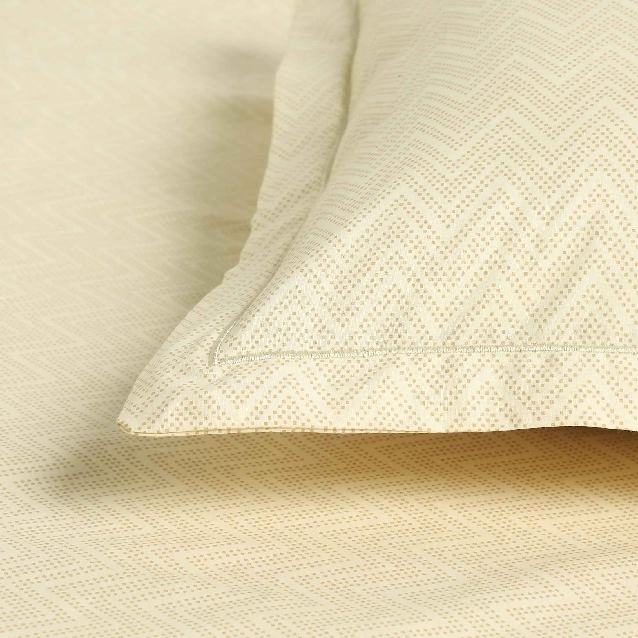 Threadscapes | Woven Textured Printed Cotton Bedsheet Set | Pillow Cover with Merrow Hem Treatment-Beige - Image 10