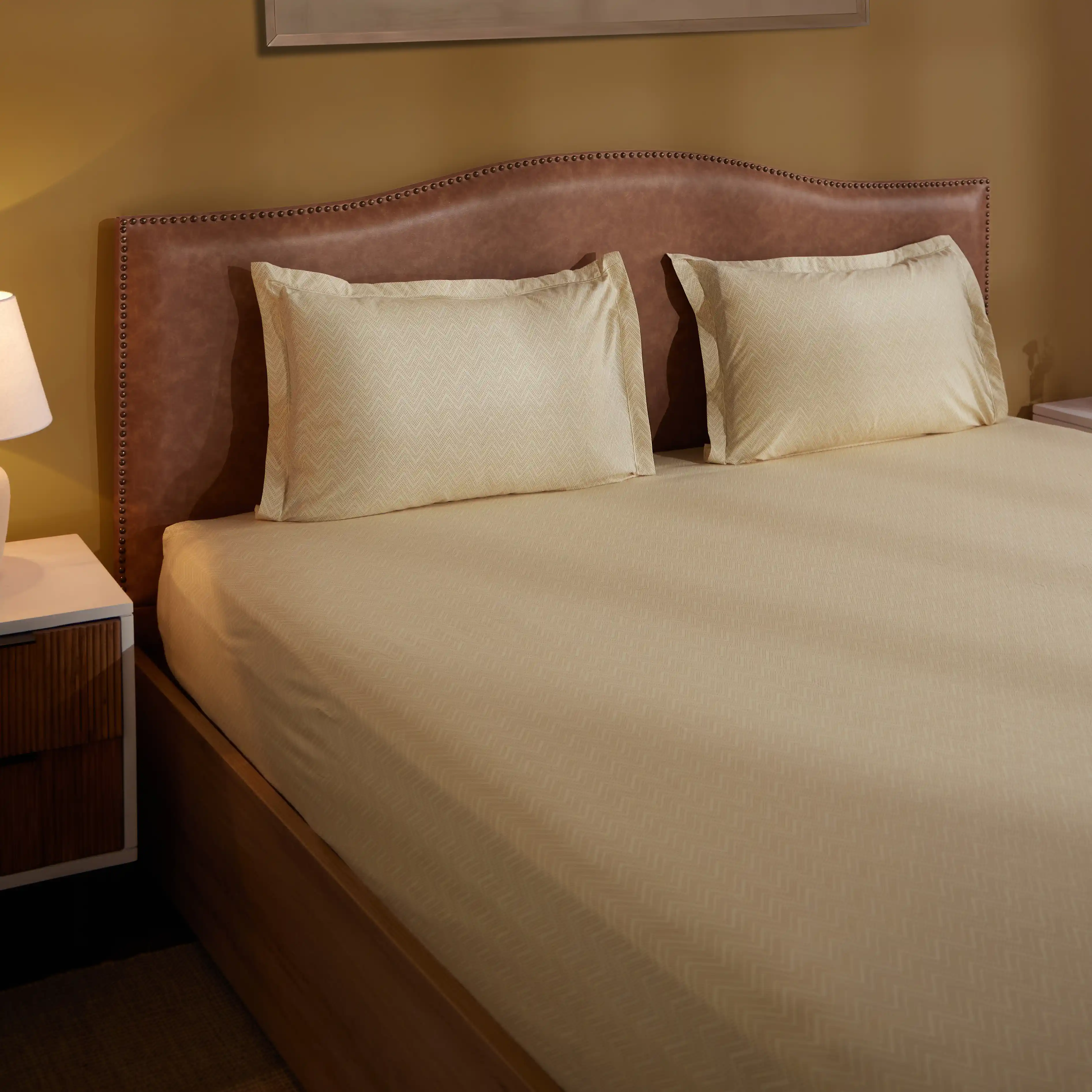 Threadscapes | Woven Textured Printed Cotton Bedsheet Set | Pillow Cover with Merrow Hem Treatment-Beige - Image 11