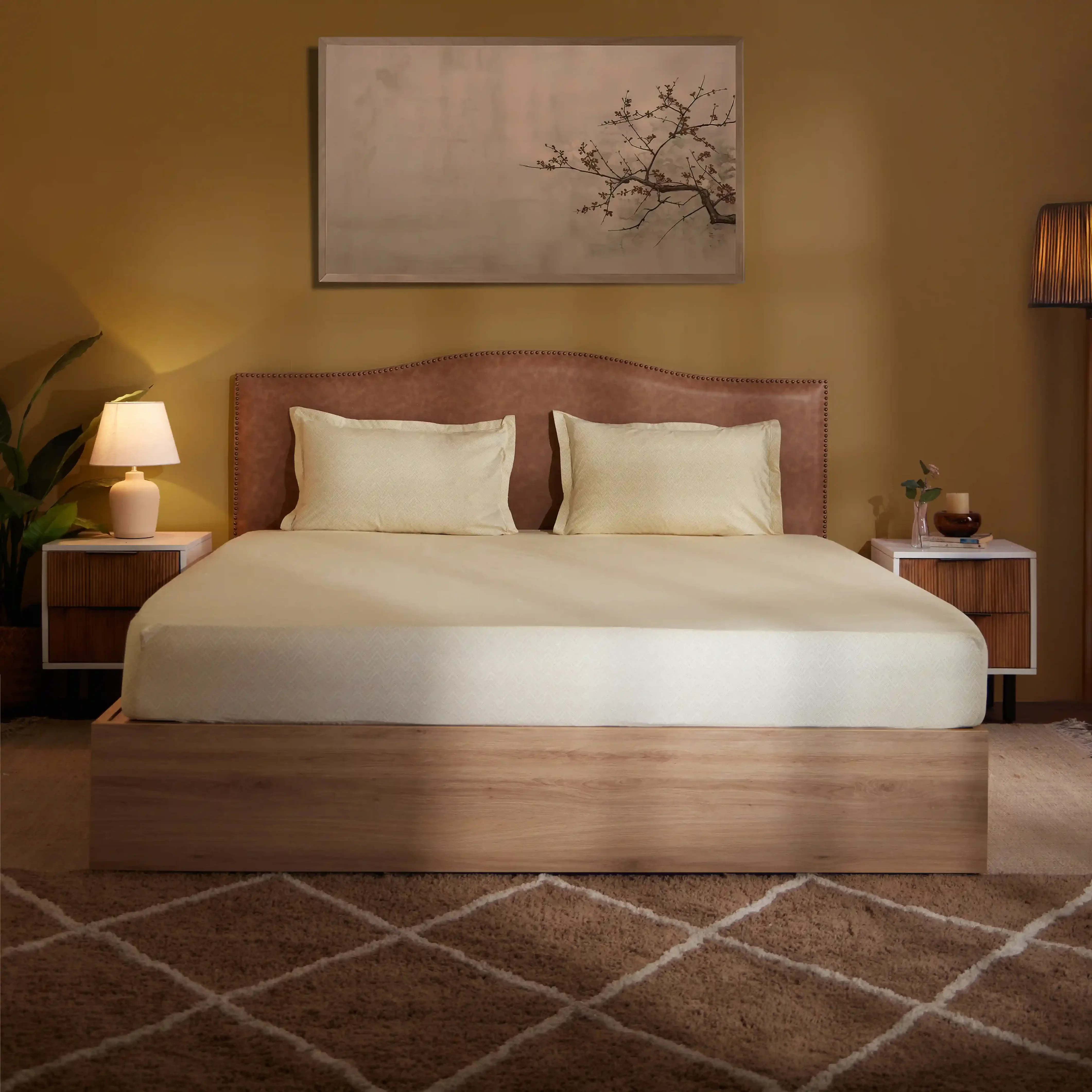 Threadscapes | Woven Textured Printed Cotton Bedsheet Set | Pillow Cover with Merrow Hem Treatment-Beige - Image 12