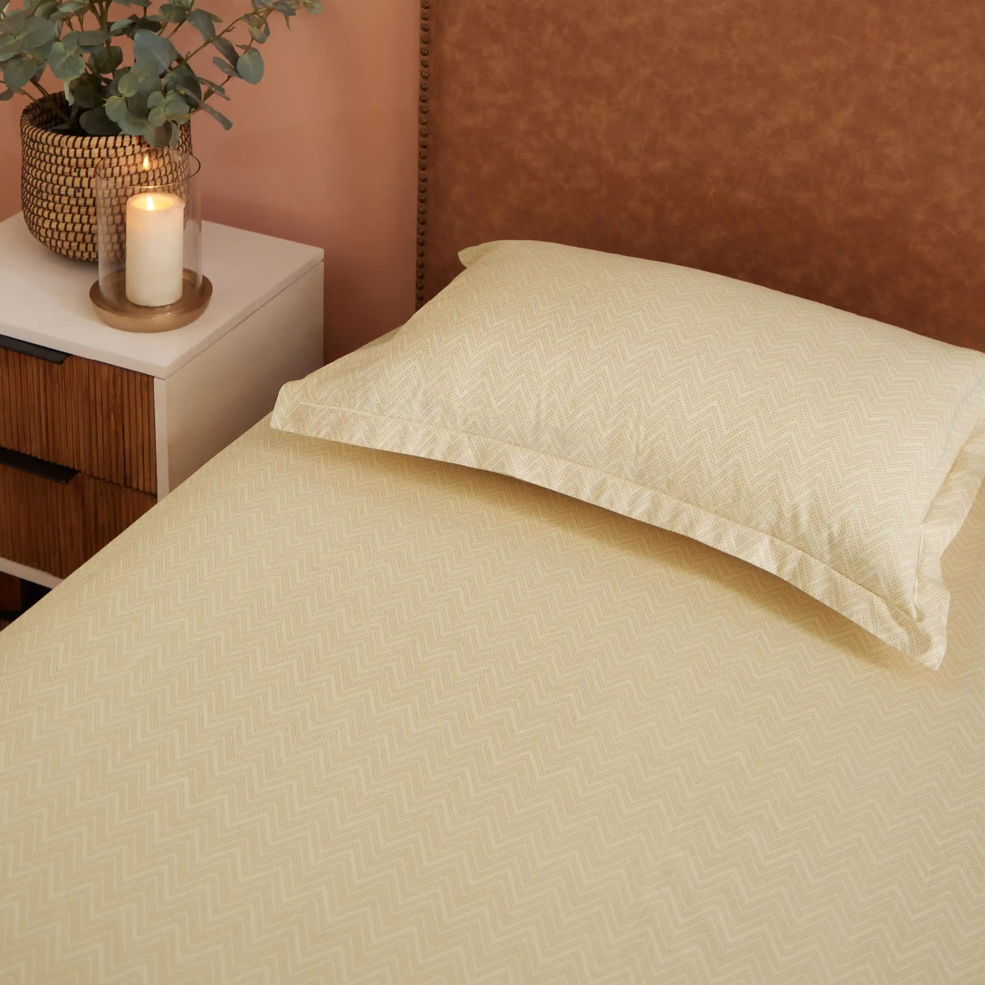 Threadscapes | Woven Textured Printed Cotton Bedsheet Set | Pillow Cover with Merrow Hem Treatment-Beige - Image 2