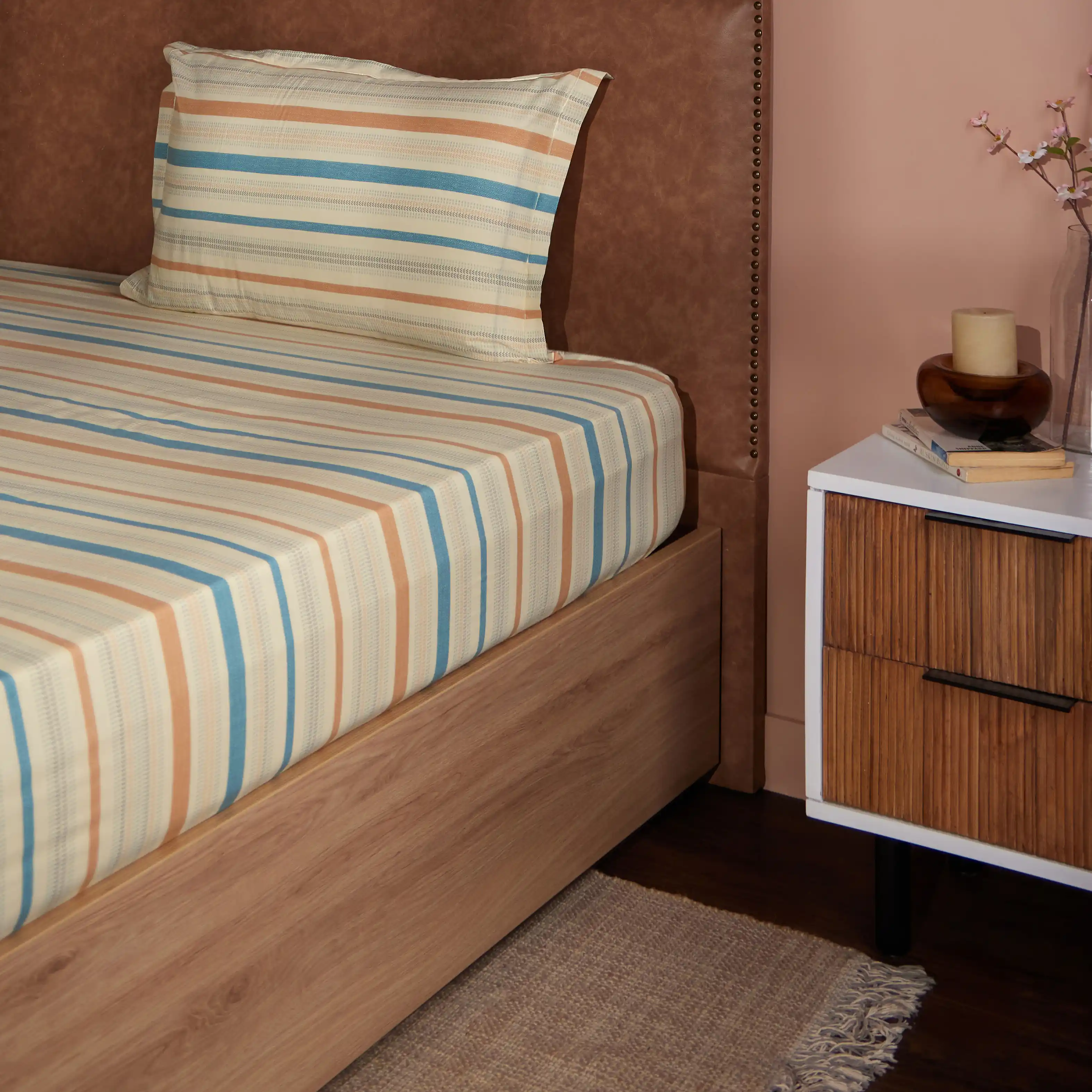 Threadscapes | Woven Textured Printed Cotton Bedsheet Set | Pillow Cover with Merrow Hem Treatment-Multicolour