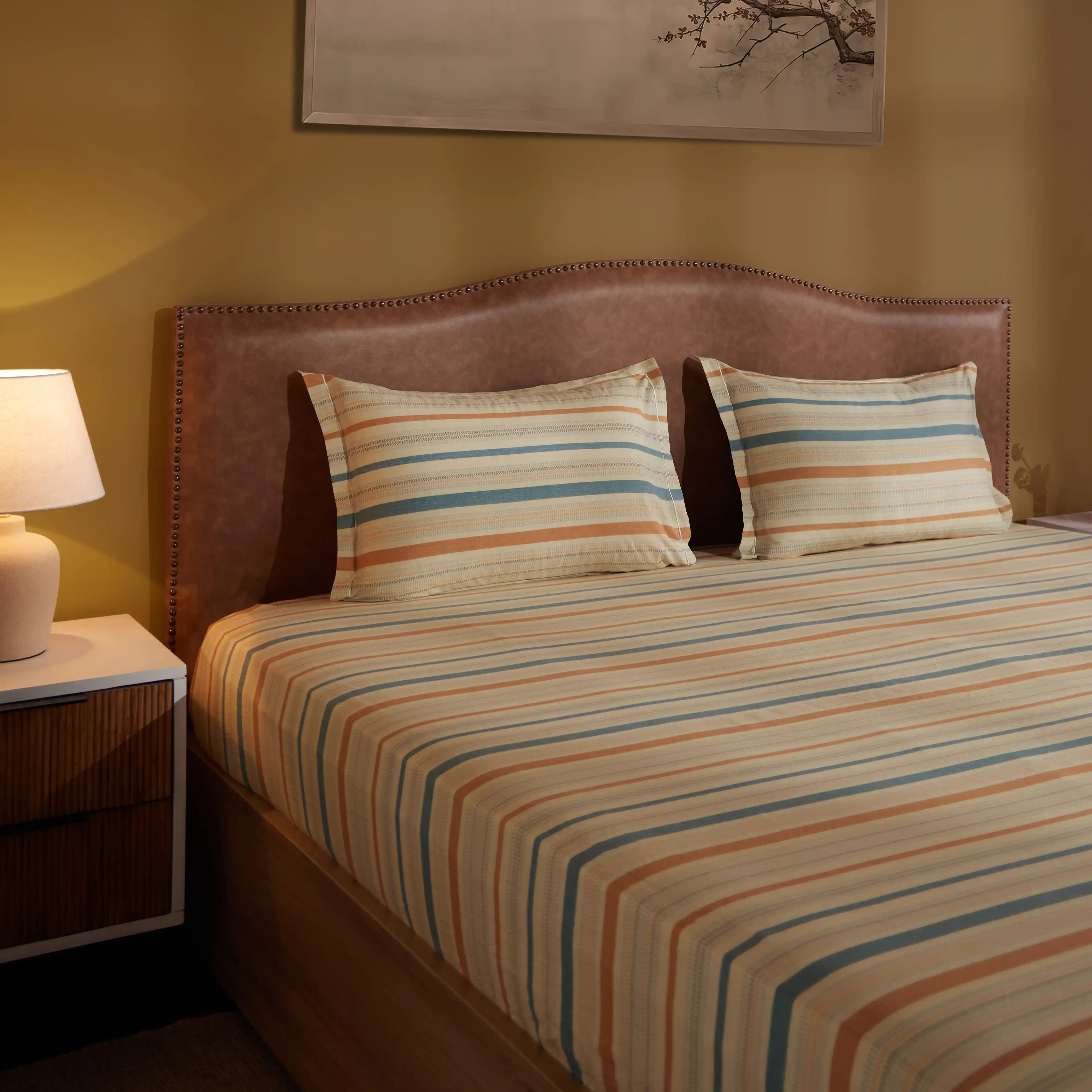 Threadscapes | Woven Textured Printed Cotton Bedsheet Set | Pillow Cover with Merrow Hem Treatment-Multicolour - Image 6