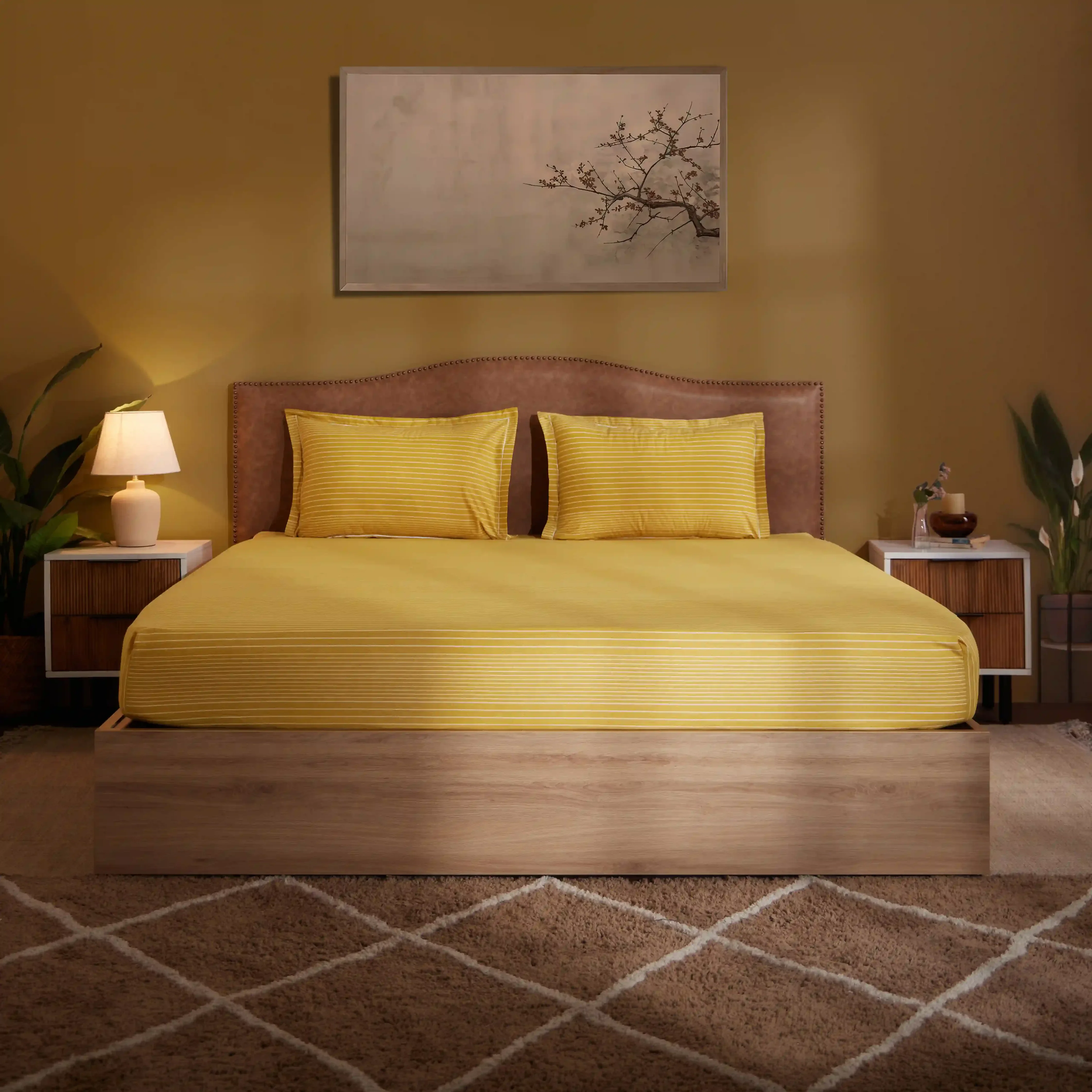 Threadscapes | Woven Textured Printed Cotton Bedsheet Set | Pillow Cover with Merrow Hem Treatment-Mustard - Image 7