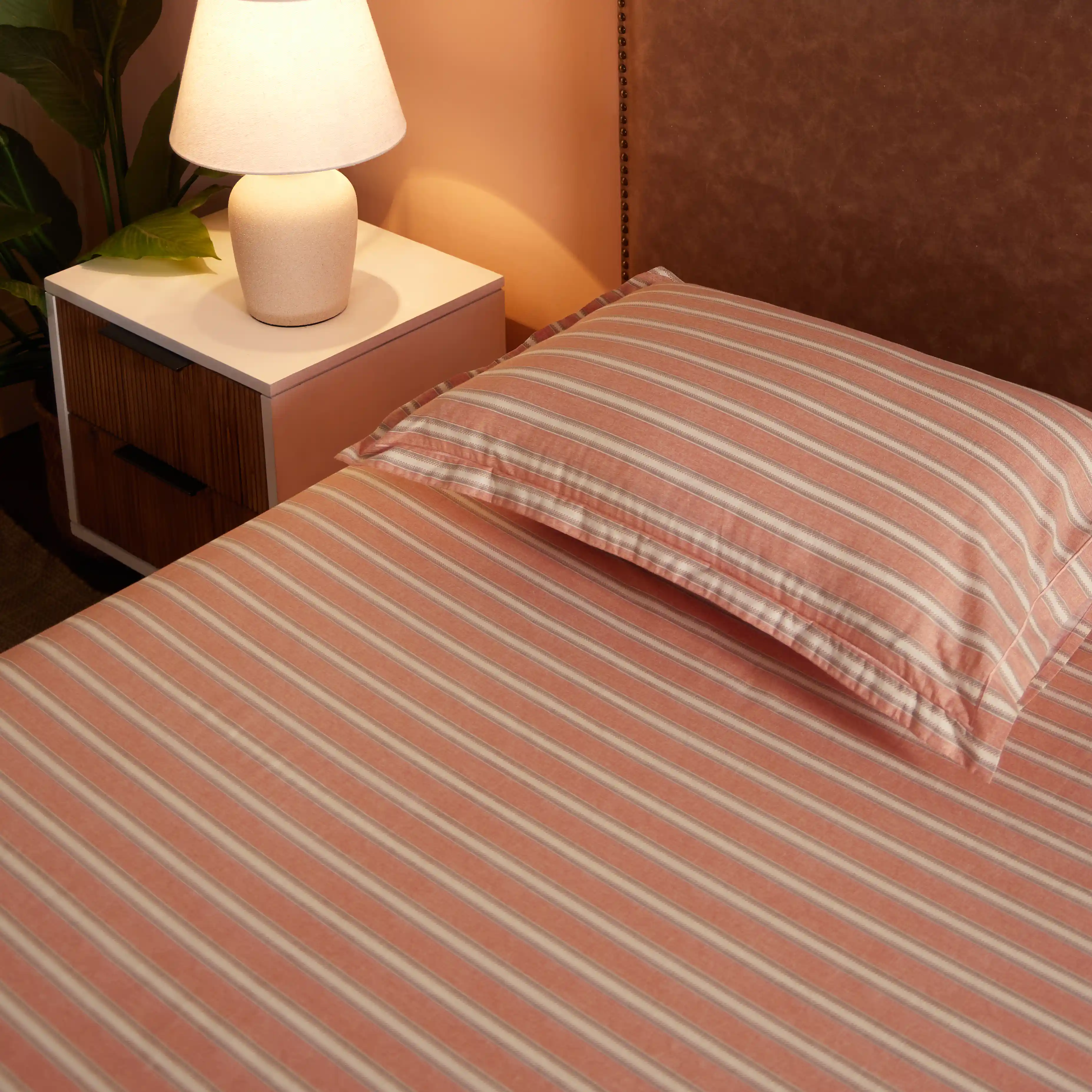 Threadscapes | Woven Textured Printed Cotton Bedsheet Set | Pillow Cover with Merrow Hem Treatment-Peach - Image 12