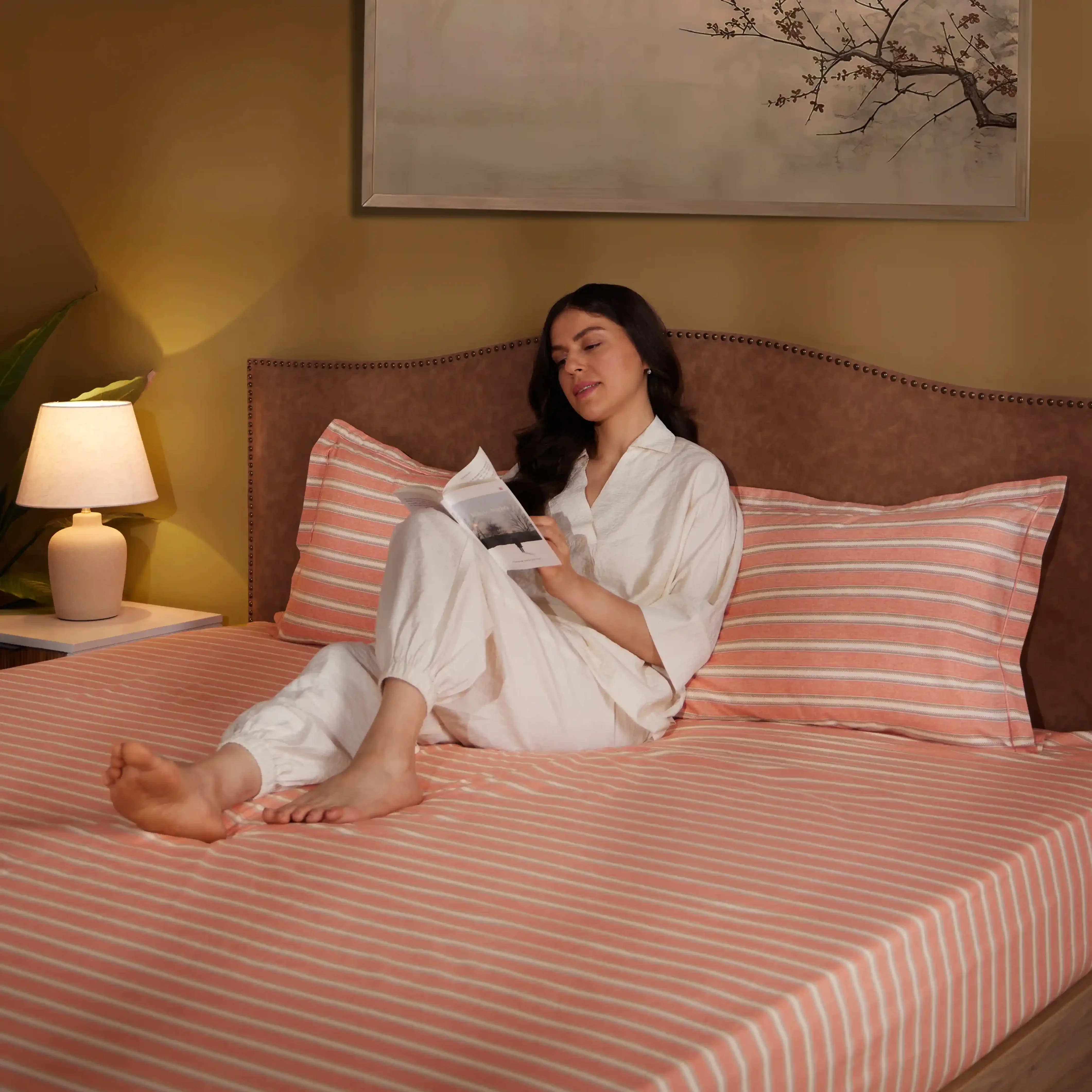 Threadscapes | Woven Textured Printed Cotton Bedsheet Set | Pillow Cover with Merrow Hem Treatment-Peach - Image 13