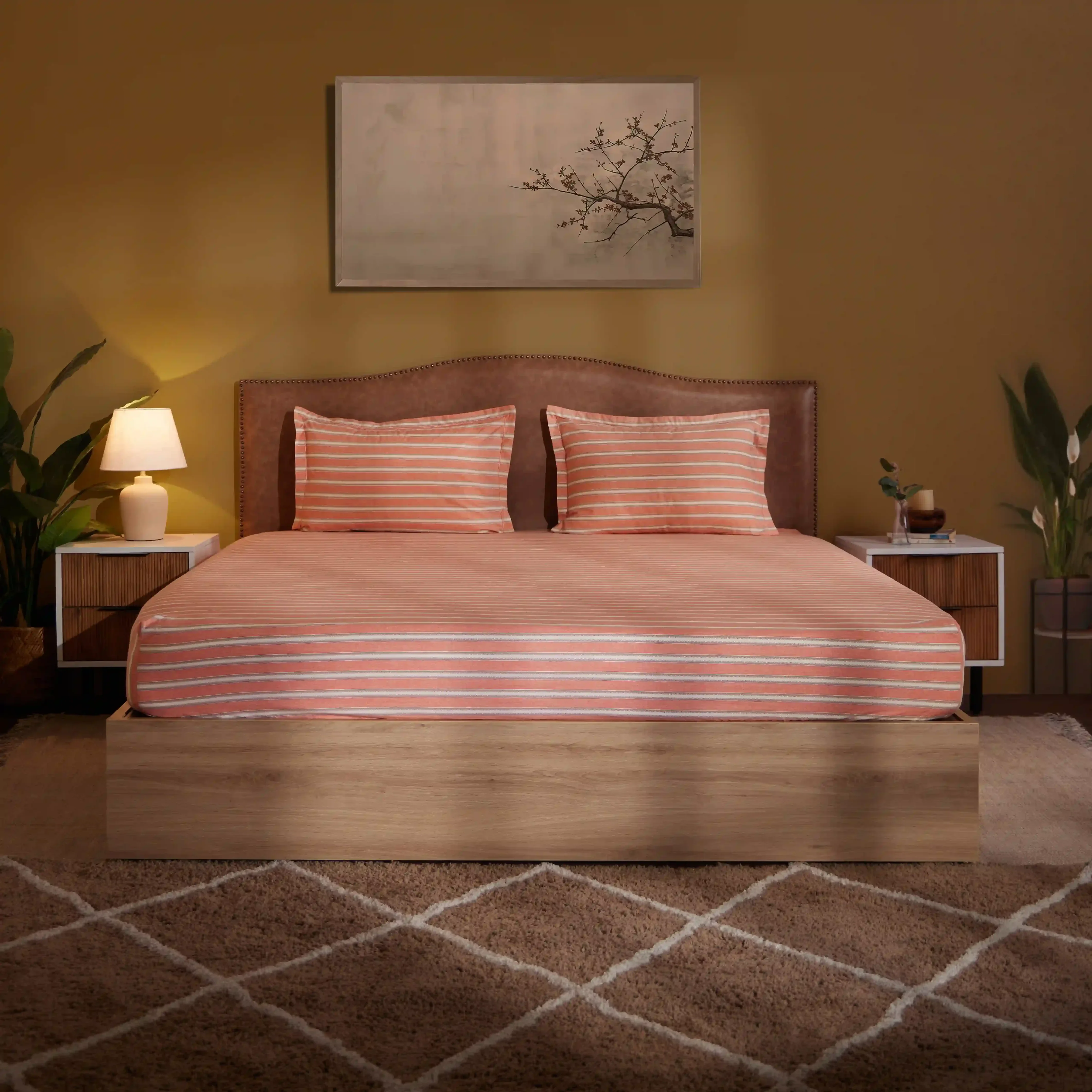 Threadscapes | Woven Textured Printed Cotton Bedsheet Set | Pillow Cover with Merrow Hem Treatment-Peach - Image 3