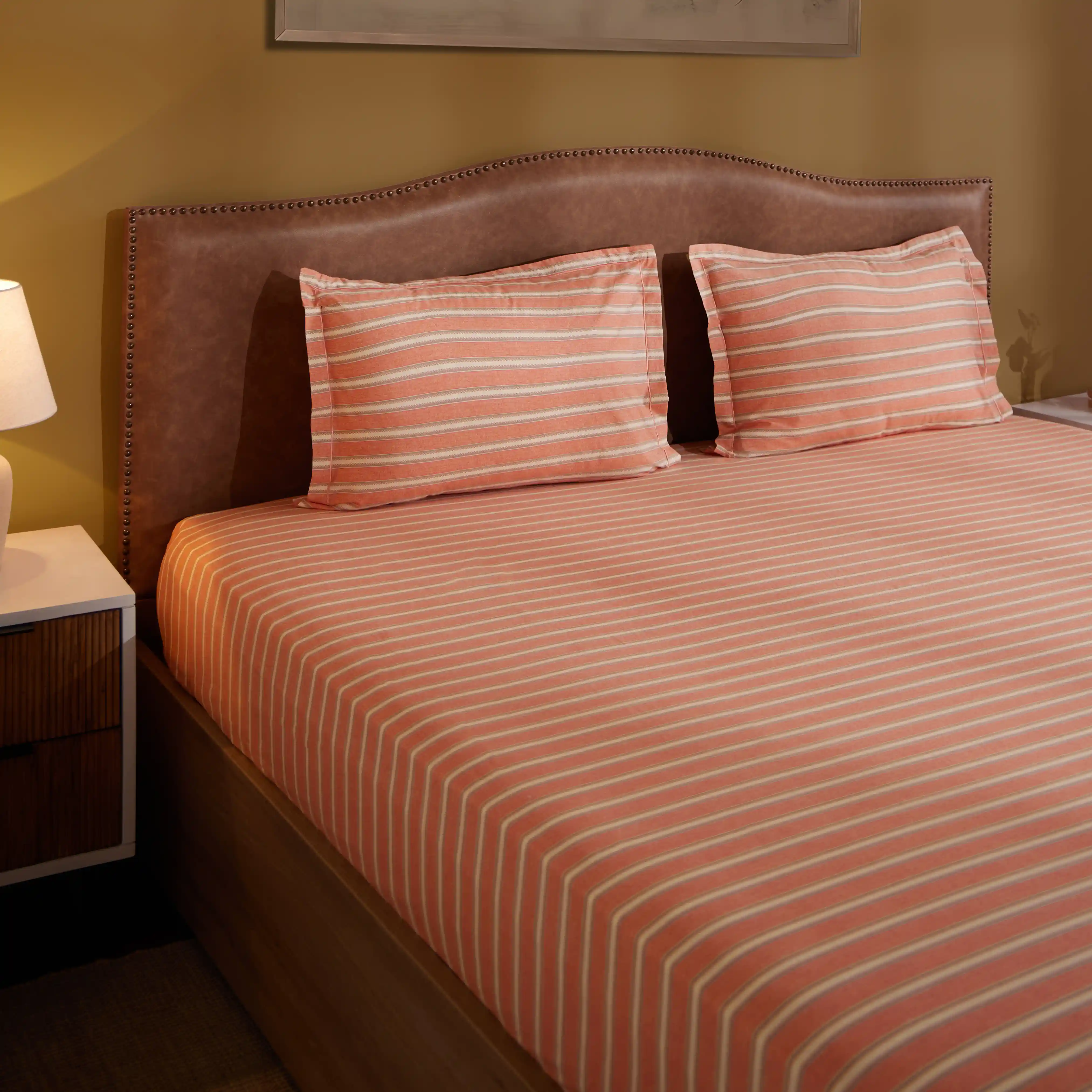 Threadscapes | Woven Textured Printed Cotton Bedsheet Set | Pillow Cover with Merrow Hem Treatment-Peach - Image 5