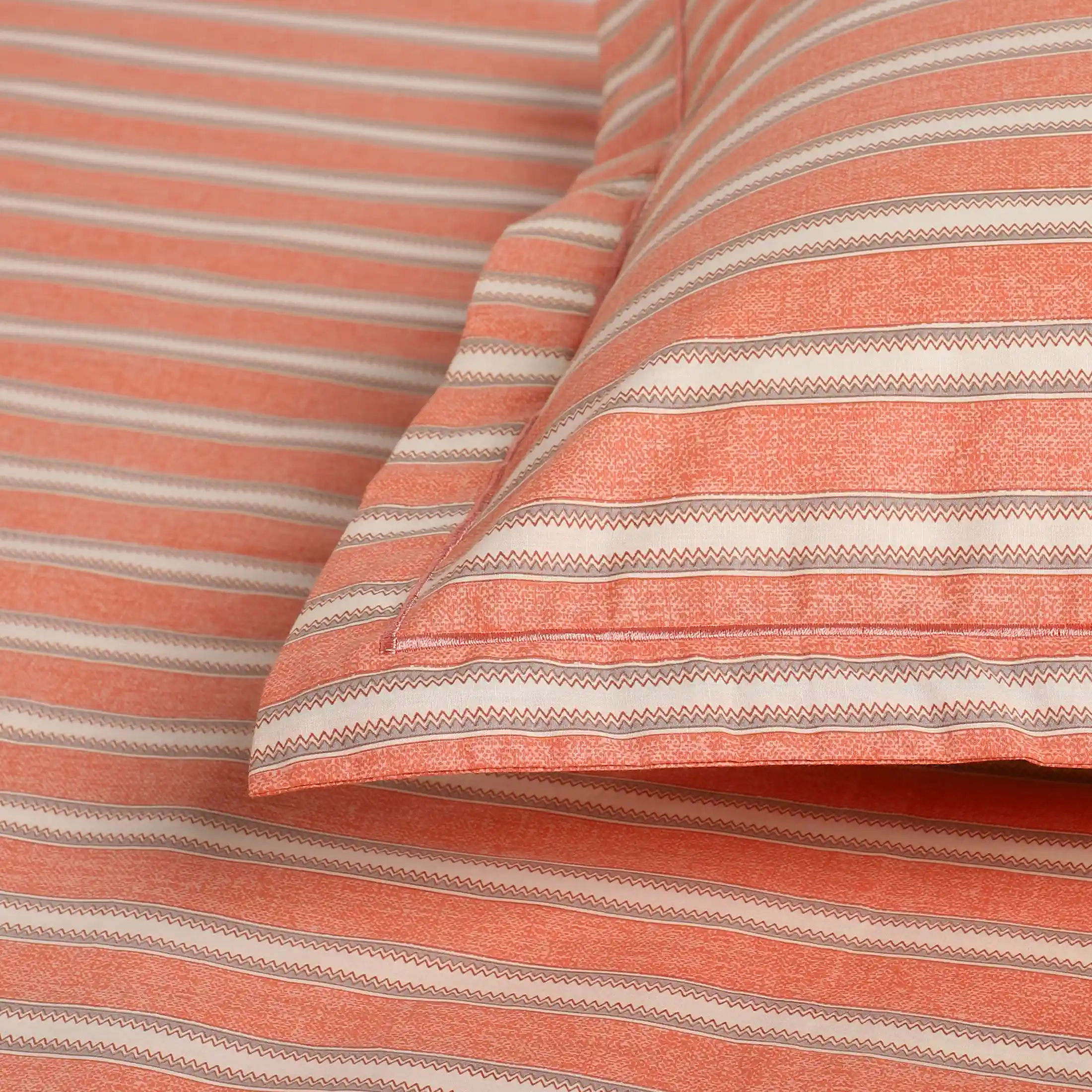 Threadscapes | Woven Textured Printed Cotton Bedsheet Set | Pillow Cover with Merrow Hem Treatment-Peach - Image 7
