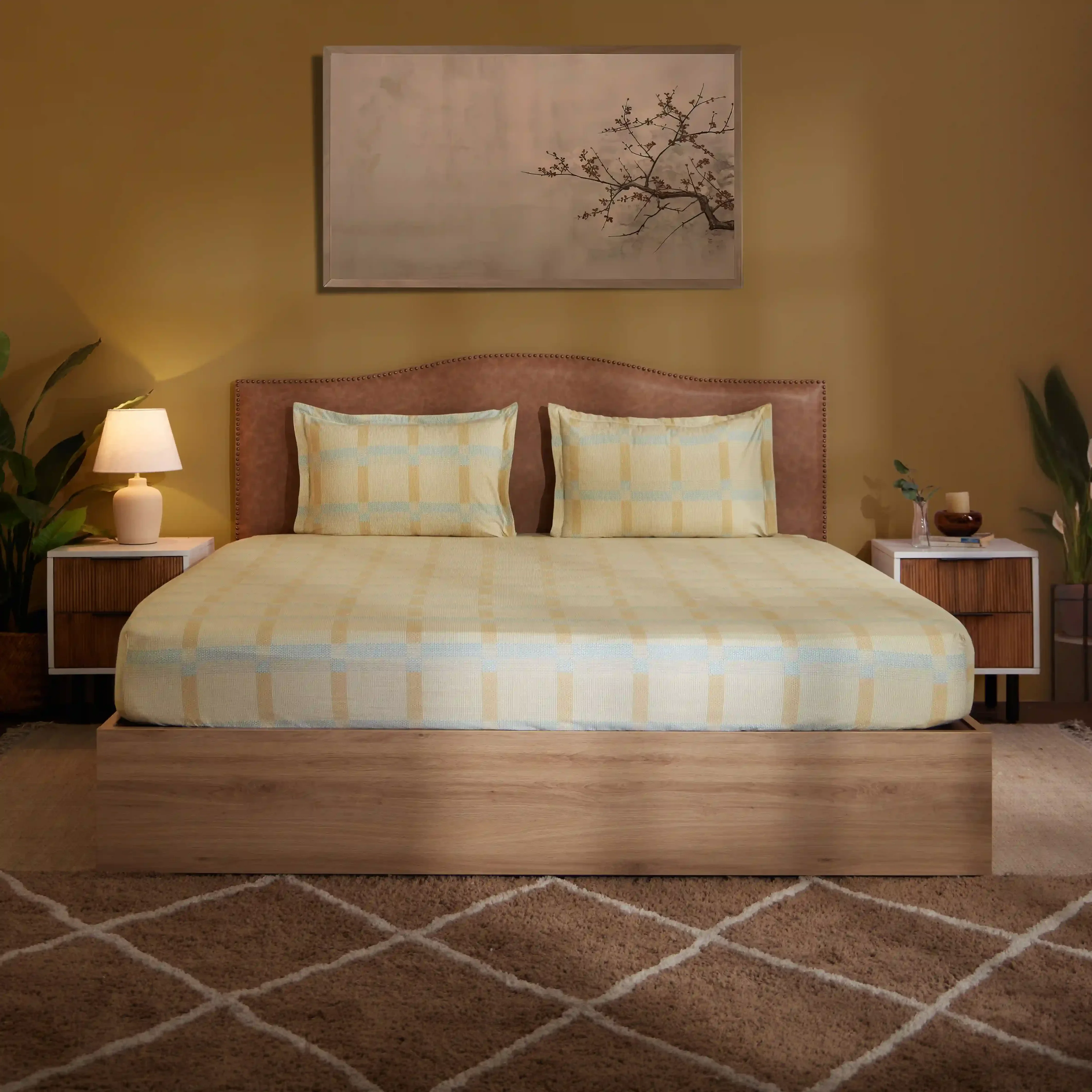 Threadscapes | Woven Textured Printed Cotton Bedsheet Set | Pillow Cover with Merrow Hem Treatment-Sand - Image 12