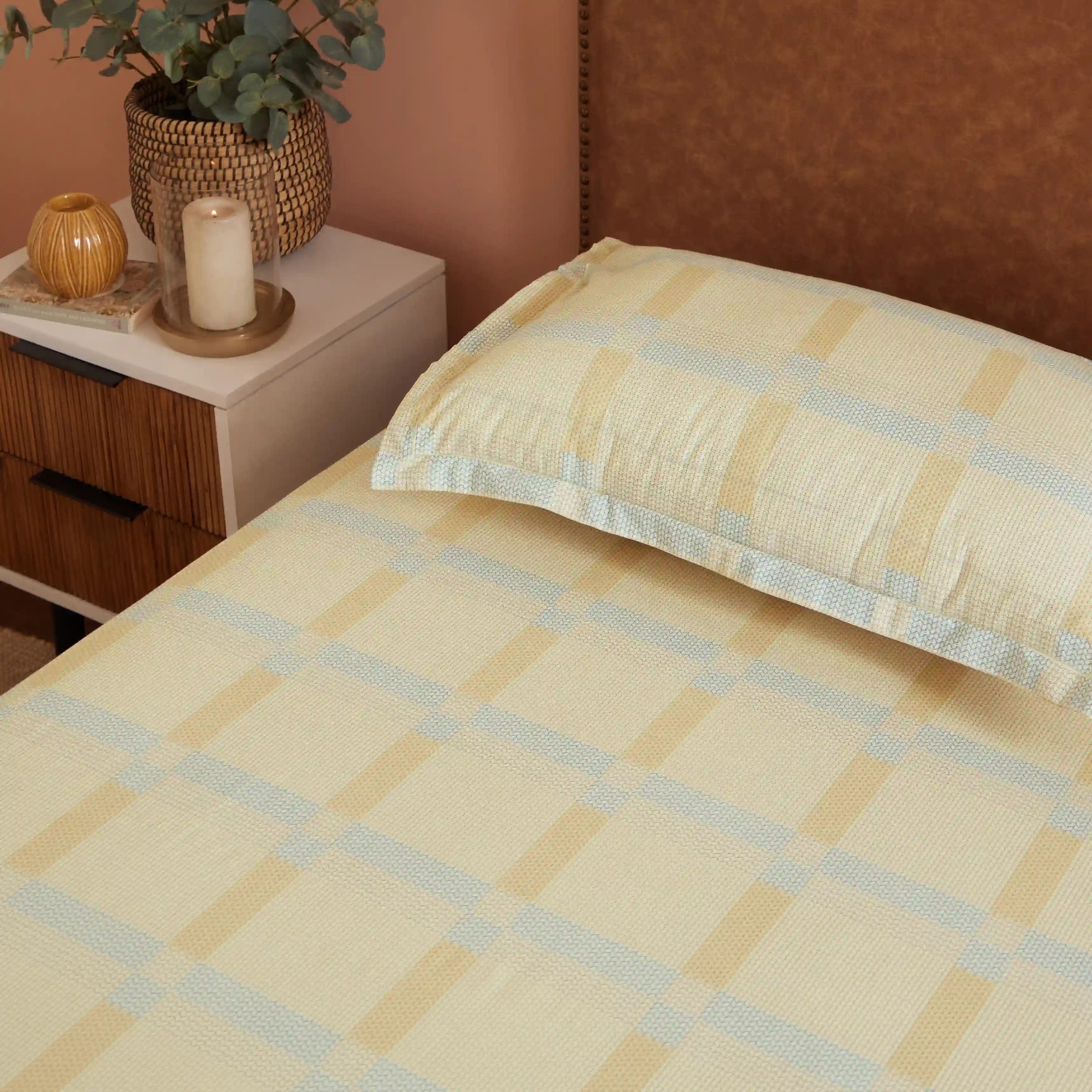 Threadscapes | Woven Textured Printed Cotton Bedsheet Set | Pillow Cover with Merrow Hem Treatment-Sand - Image 2