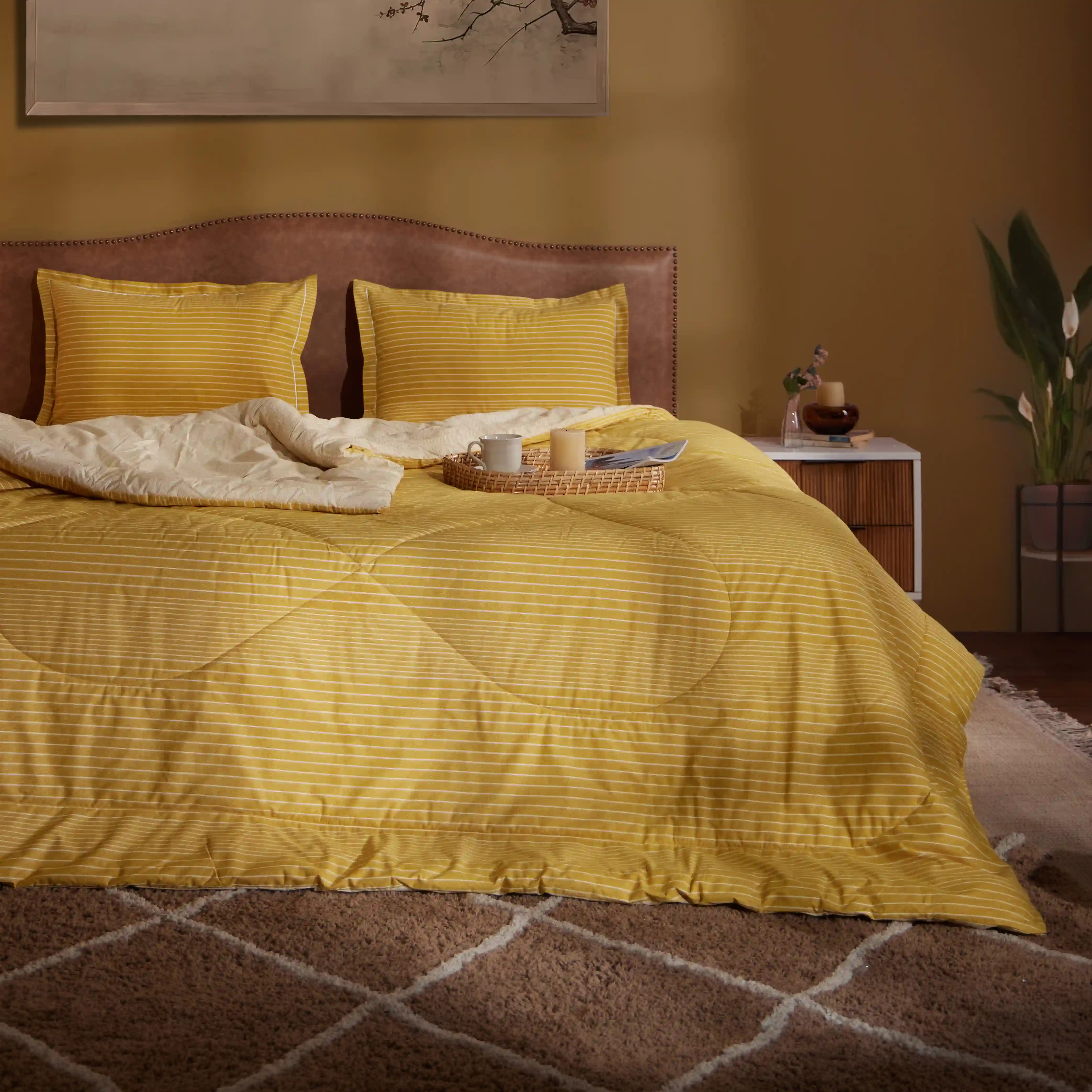 Threadscapes | Woven Textured Printed 120GSM Reversible Comforter-Mustard - Image 2