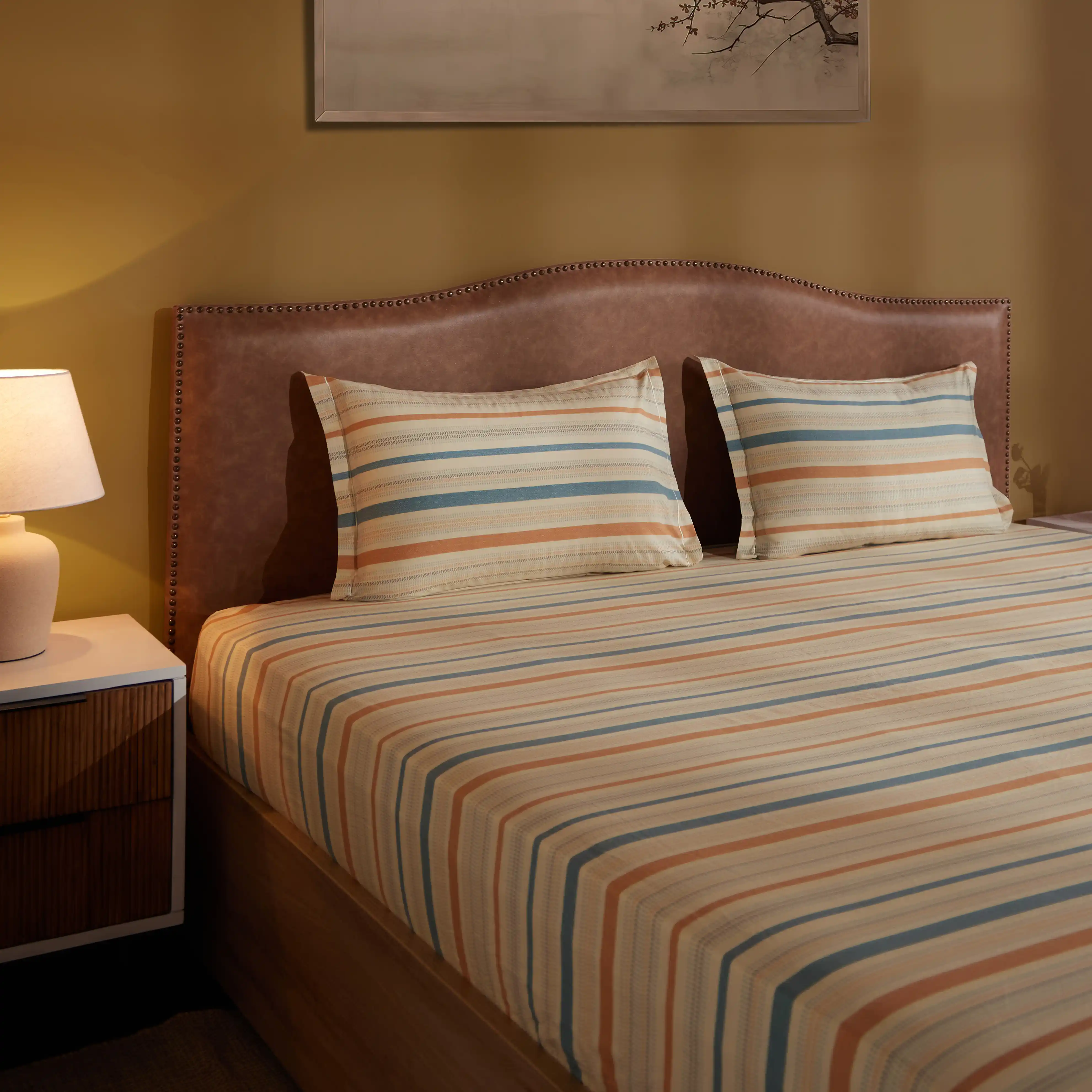 Threadscapes | Woven Textured Printed Cotton Fitted Sheet Set | Pillow Cover with Merrow Hem Treatment-Multicolour