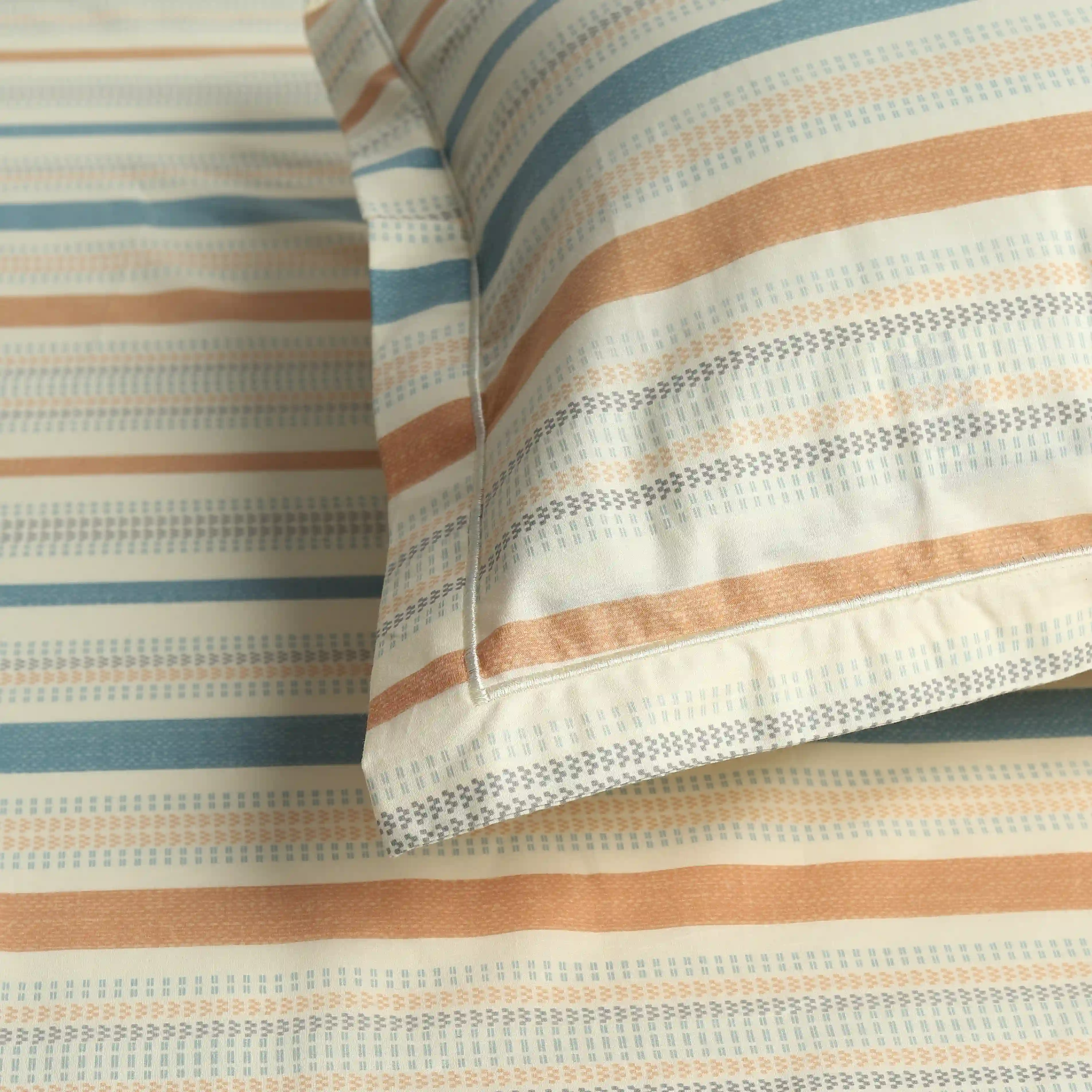 Threadscapes | Woven Textured Printed Cotton Fitted Sheet Set | Pillow Cover with Merrow Hem Treatment-Multicolour - Image 6