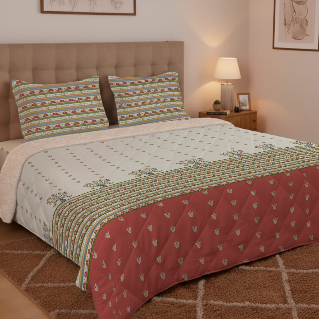 Udyan Tales | Vivid Traditional Printed 150 GSM Reversible Comforter - Brick Red