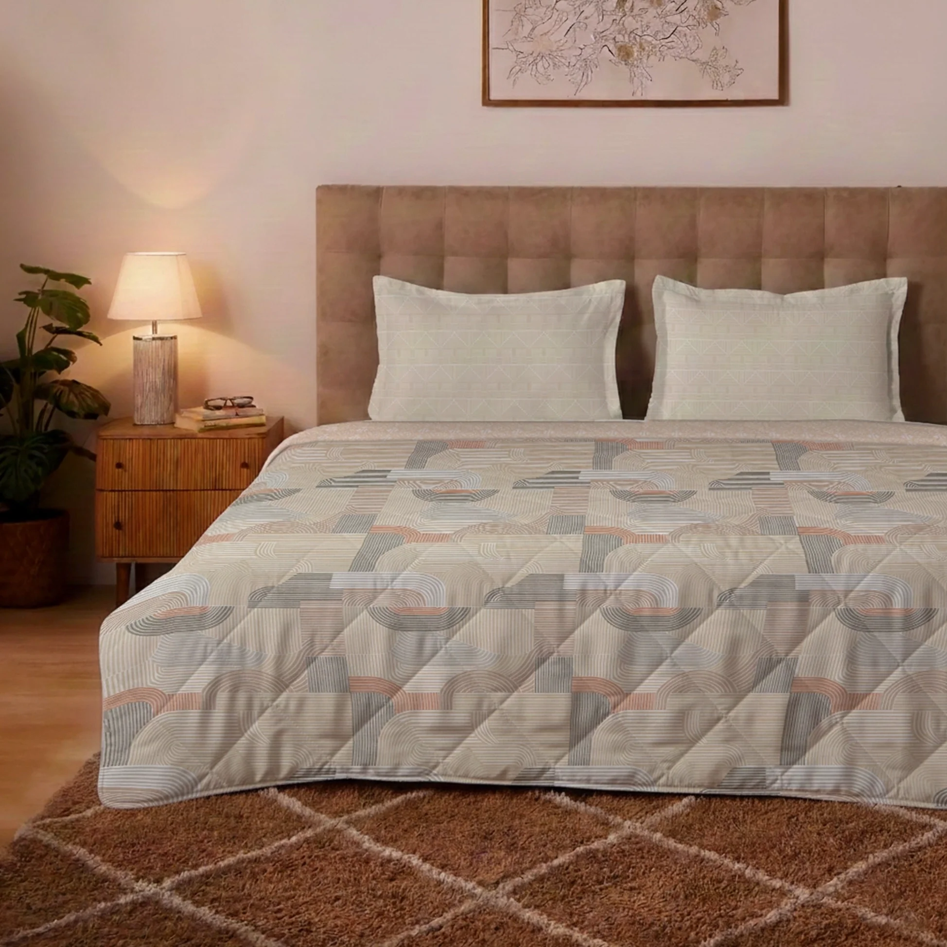 Udyan Tales | Modern Abstract Printed Bedding Set - Set of Bedsheet & Comforter - Neutral Beige - Image 3