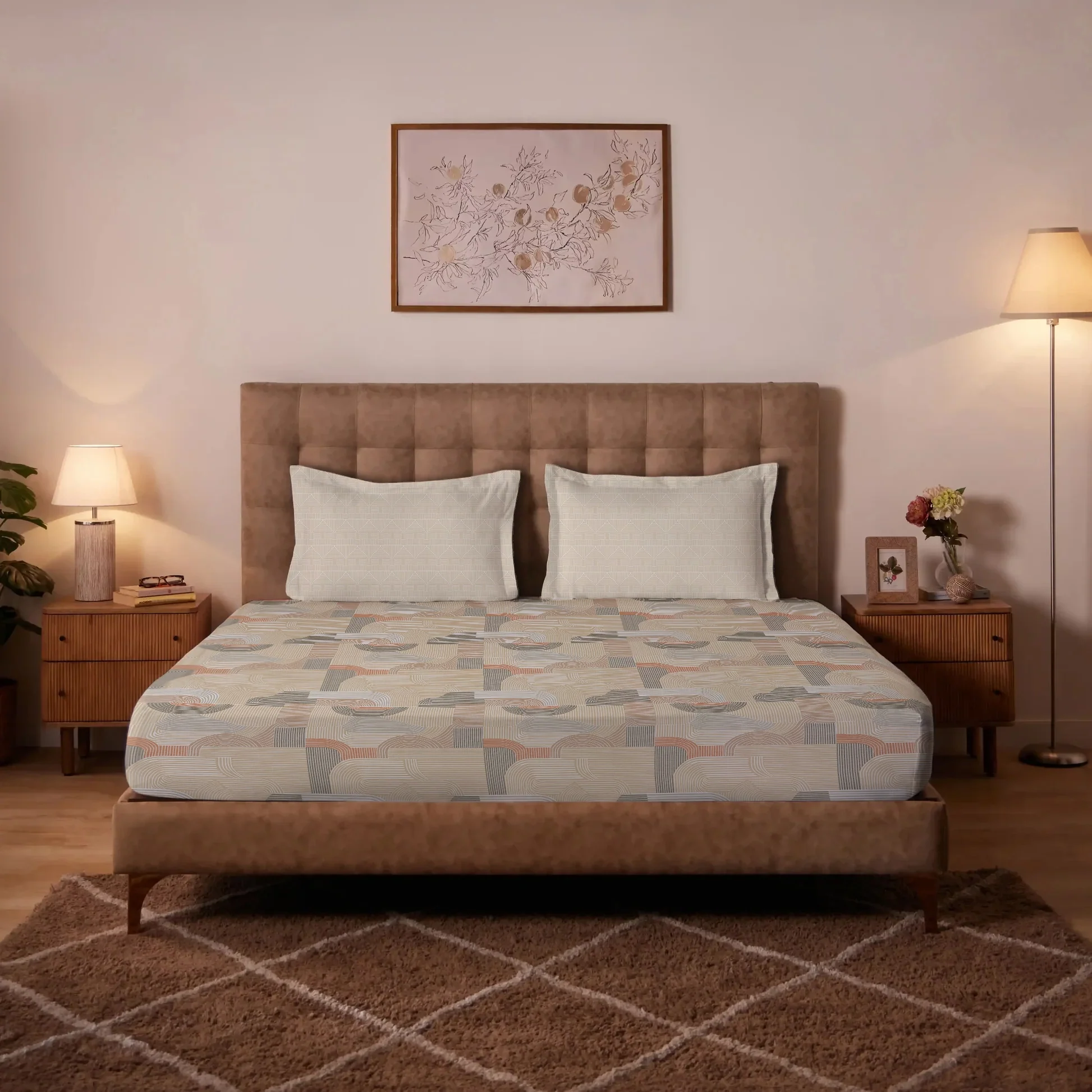 Udyan Tales | Modern Abstract Printed Cotton Bedsheet Set - Neutral Beige - Image 2
